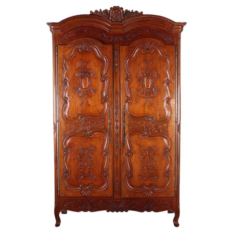 19th Century French Ornately Carved Cherry Louis XV Style Armoire