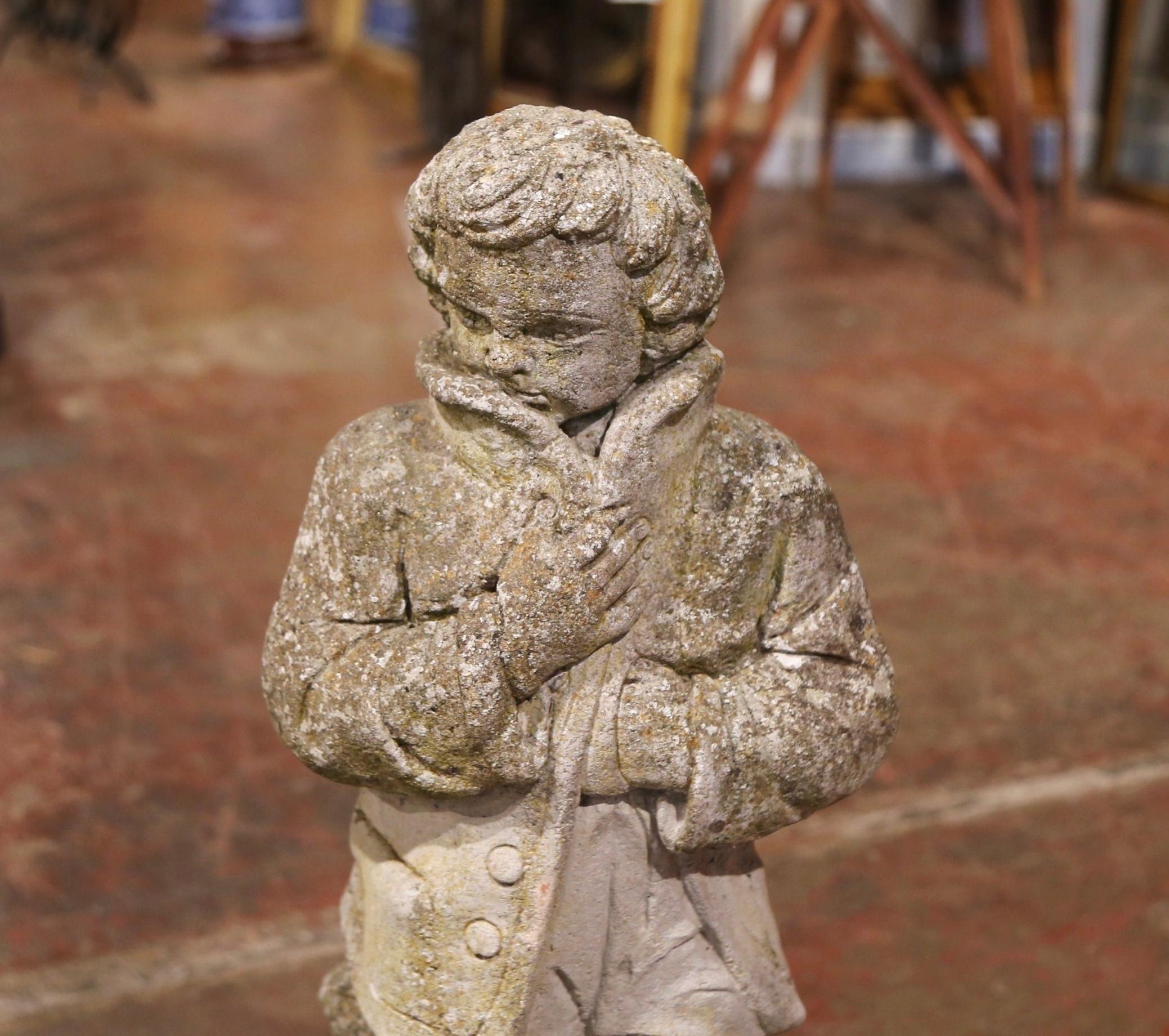 19th Century French Outdoor Carved Weathered Stone Young Man Statue In Excellent Condition In Dallas, TX