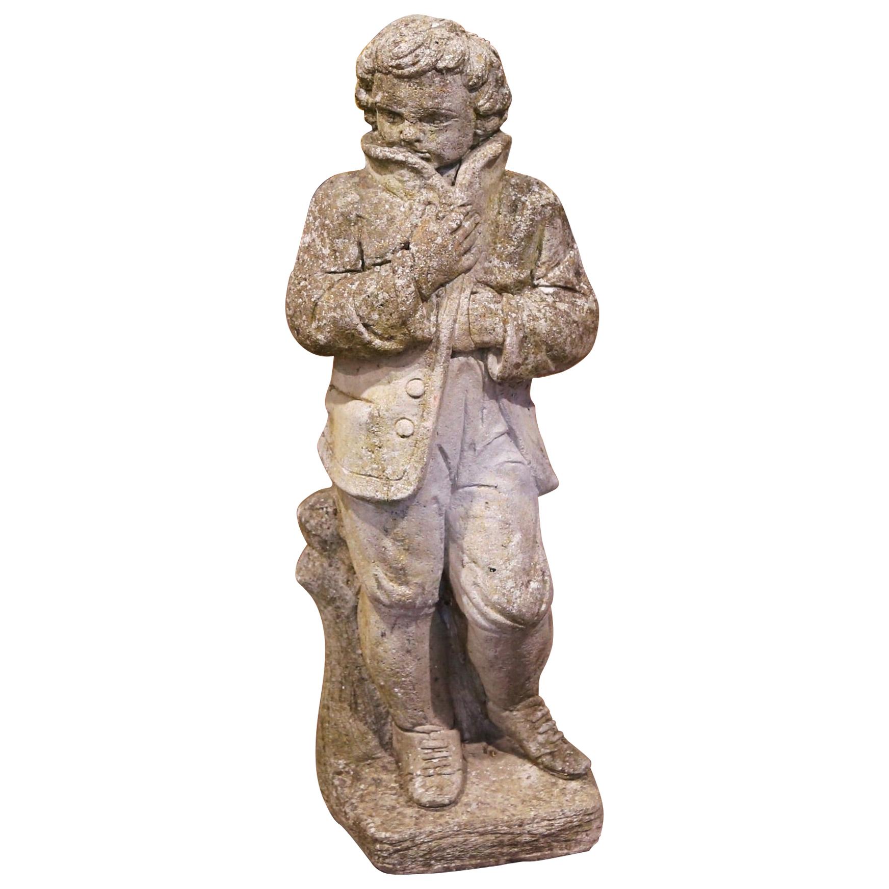 19th Century French Outdoor Carved Weathered Stone Young Man Statue