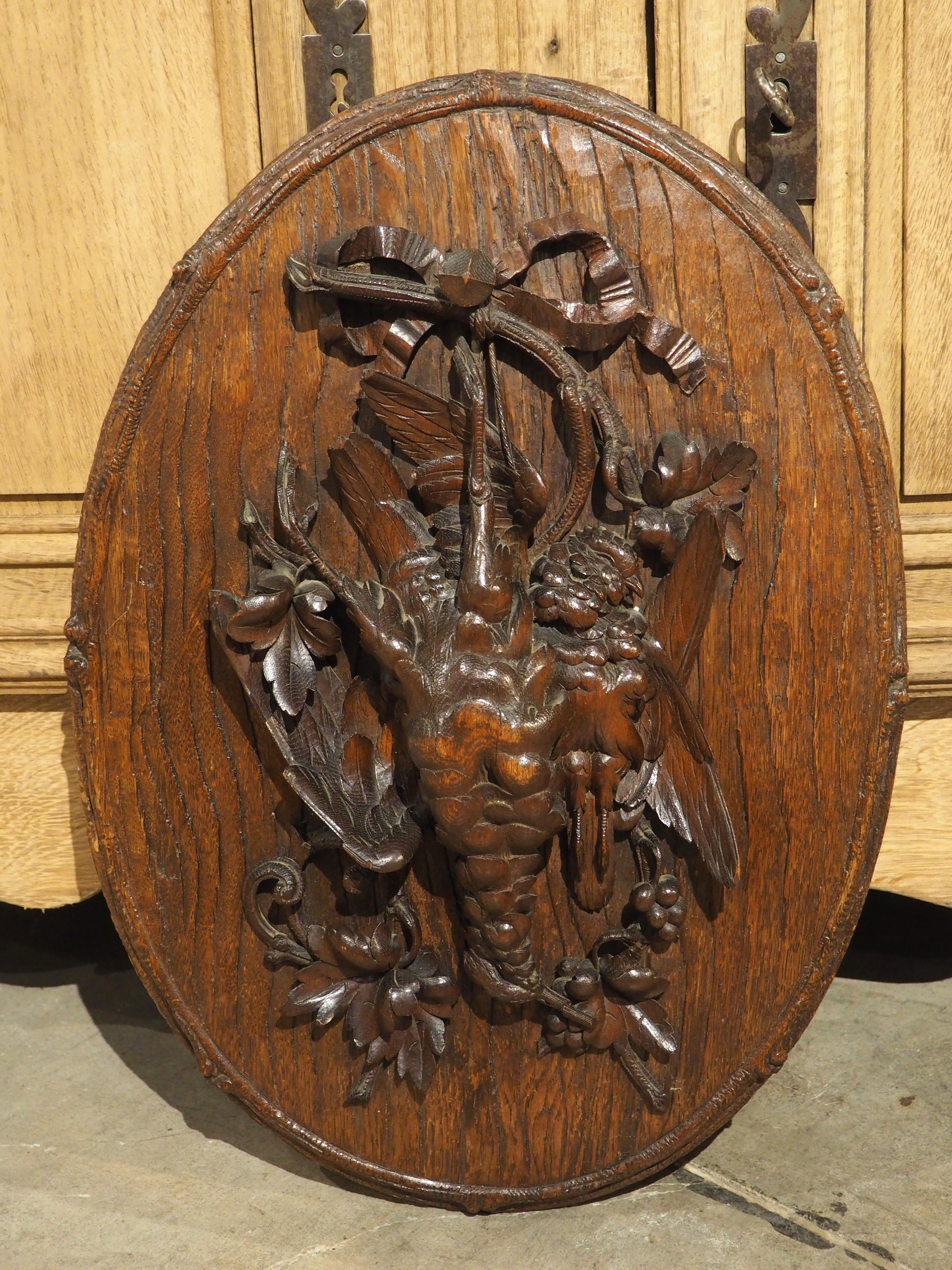 Hand-Carved 19th Century French Oval Black Forest Game Plaque with Bark Trompe L’Oeil For Sale