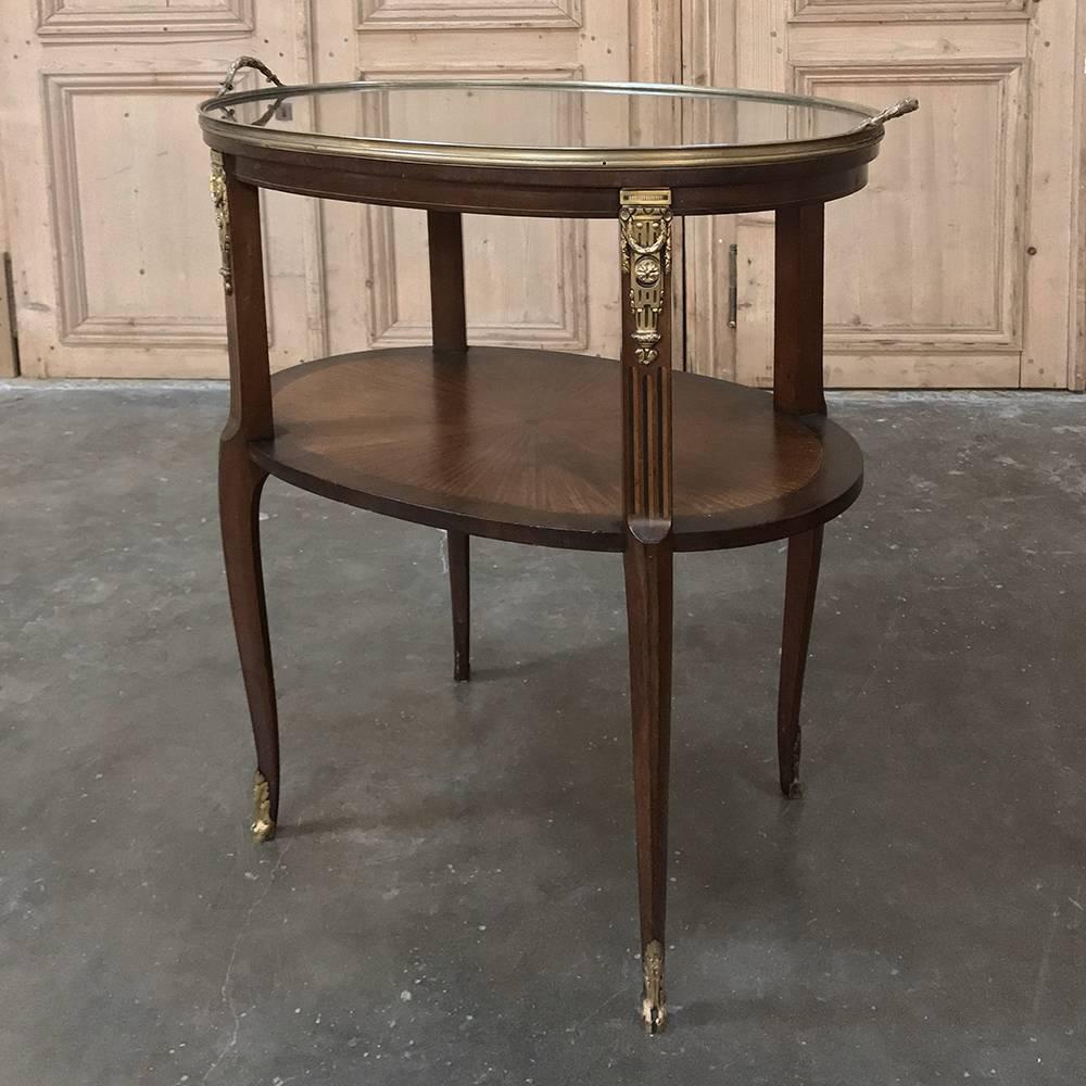 Hand-Crafted 19th Century French Oval Marquetry and Ormolu Occasional Table with Glass Tray