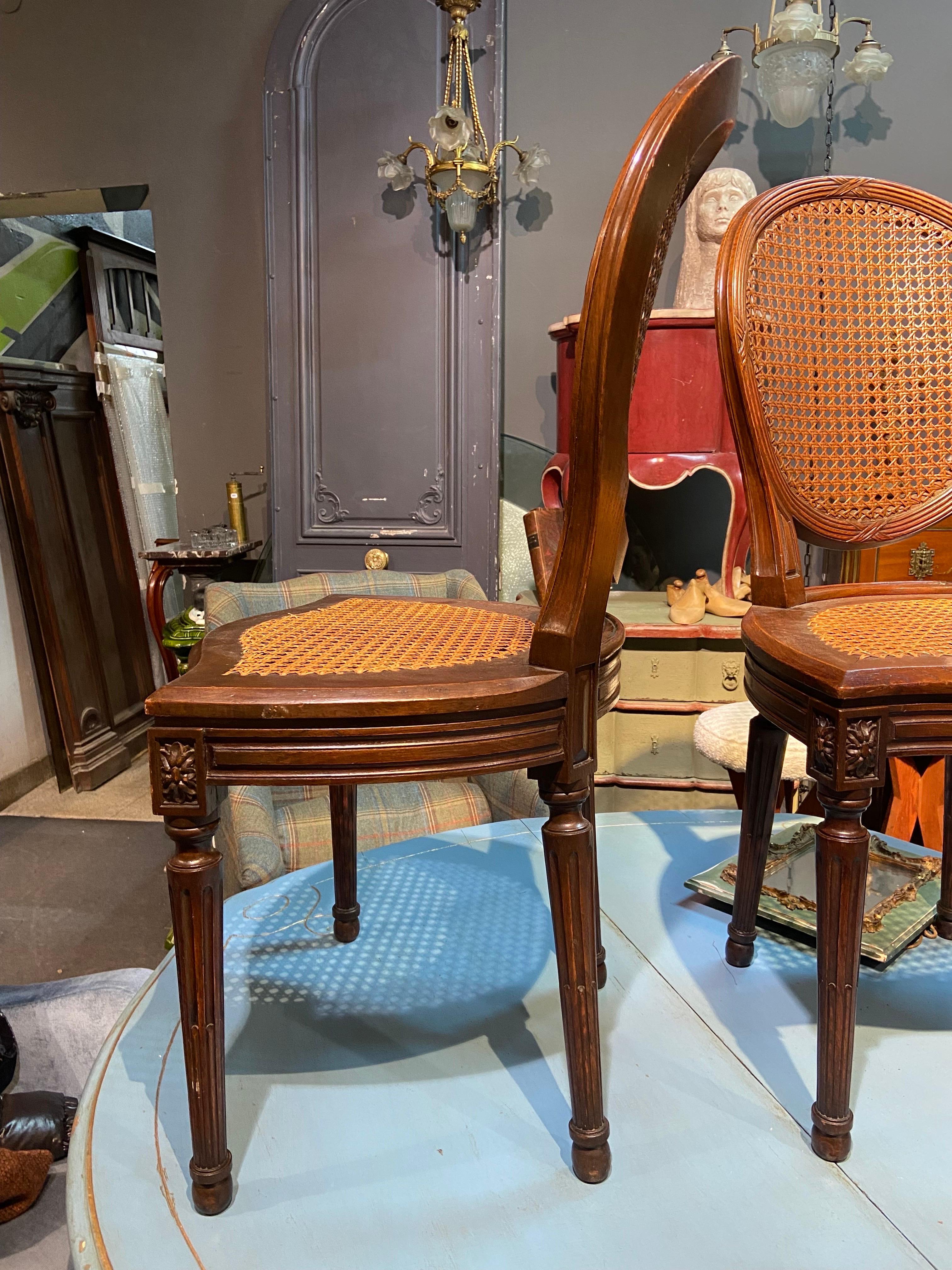 19th Century French Oval Hand Carved Walnut Cane Dining Chairs Louis XVI Style For Sale 3