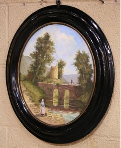 19th Century French Oval Landscape Oil Painting with Bridge and Ruins