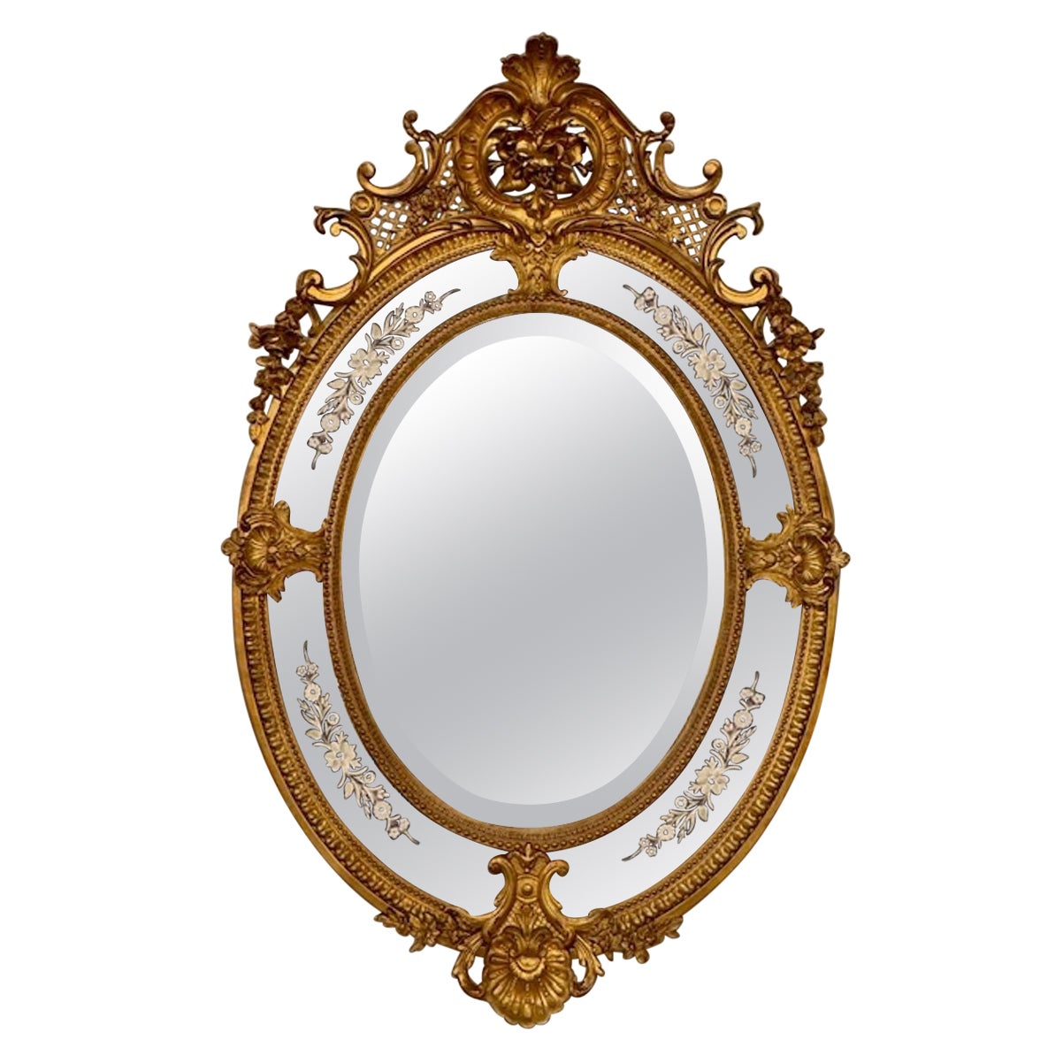 Miroir ovale Louis XVI du 19ème siècle avec panneaux latéraux gravés en vente