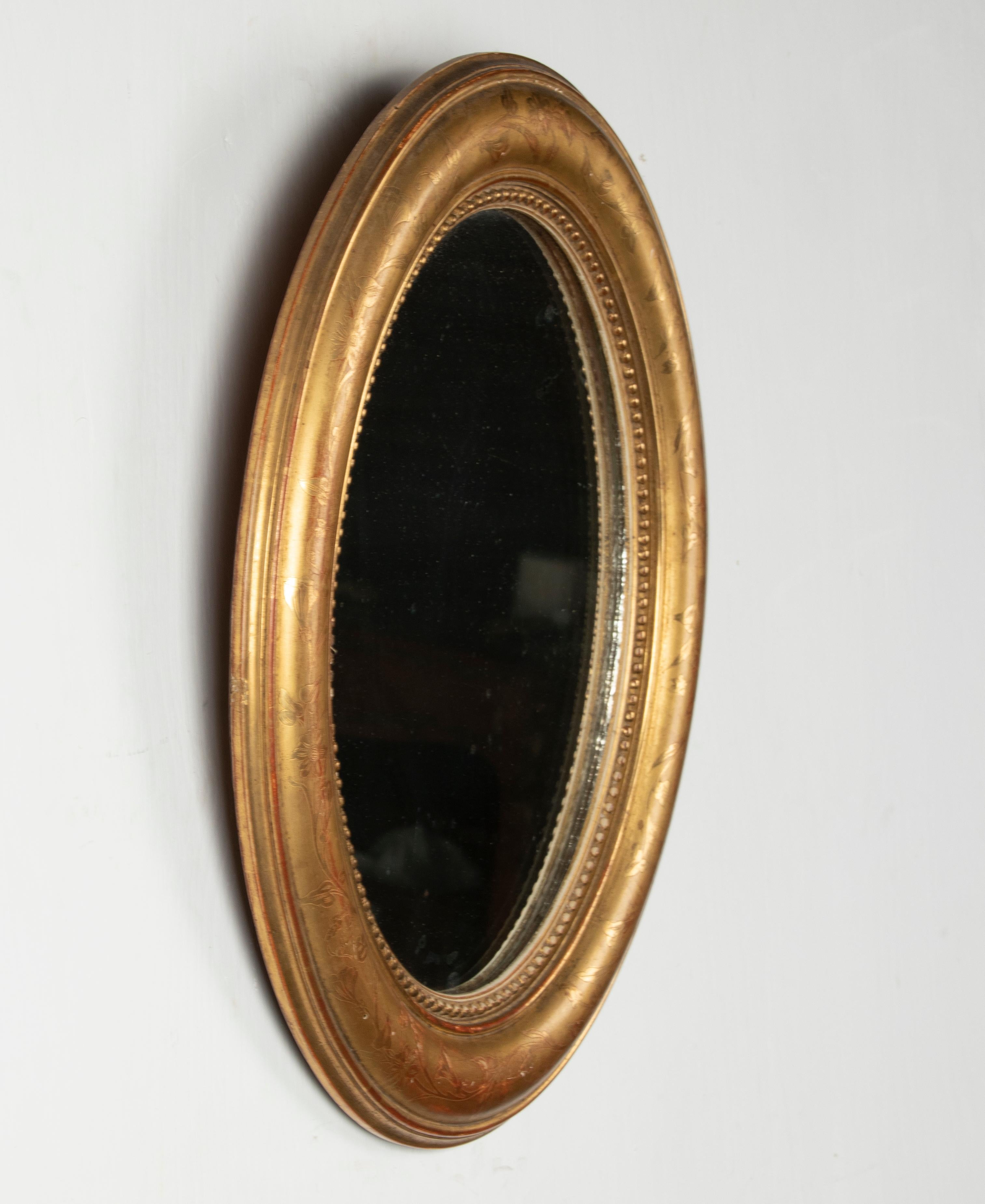 19th Century French Oval Mirror Gesso on Wood Gold Leaf Gilded Floral Etched 5