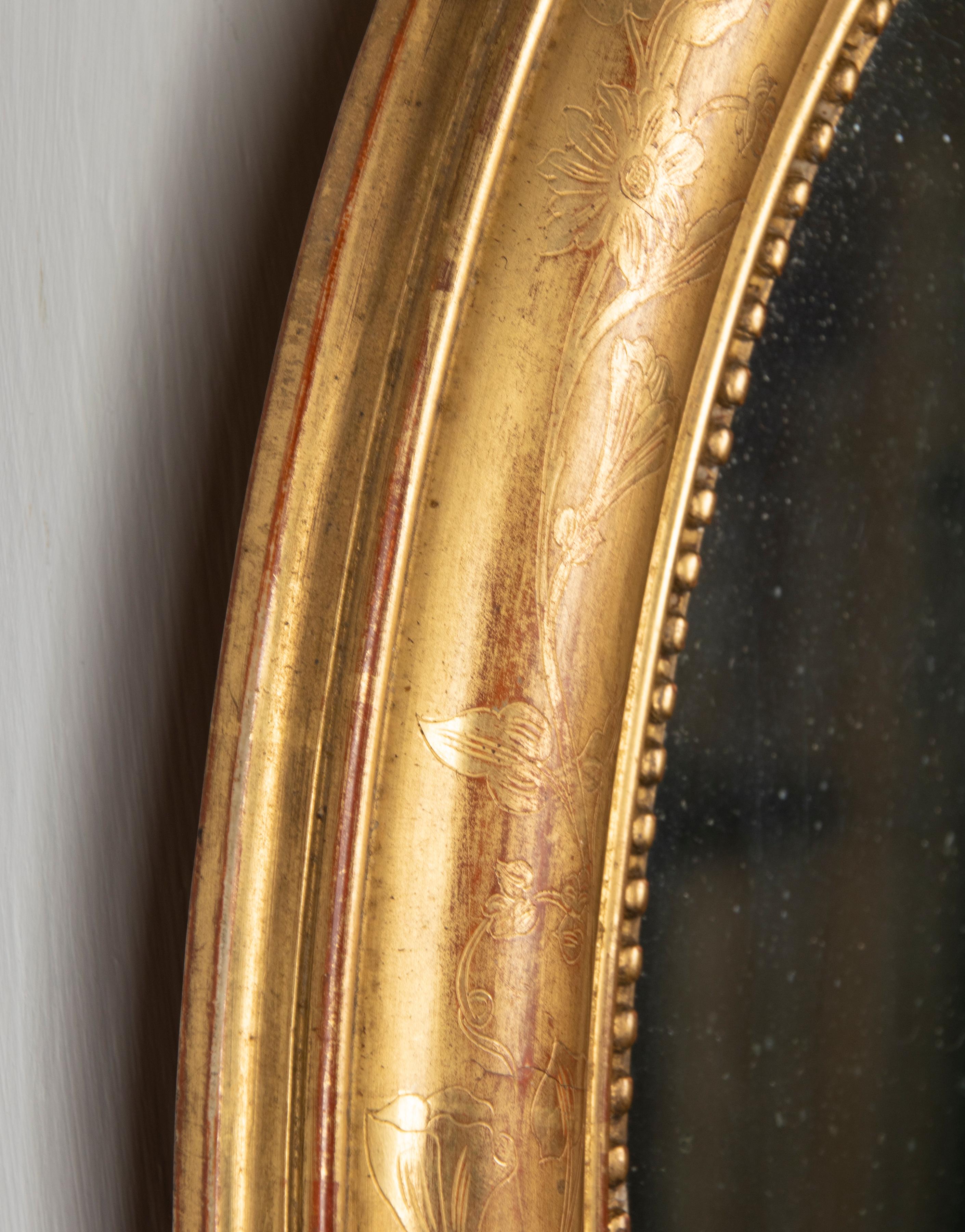 19th Century French Oval Mirror Gesso on Wood Gold Leaf Gilded Floral Etched 6