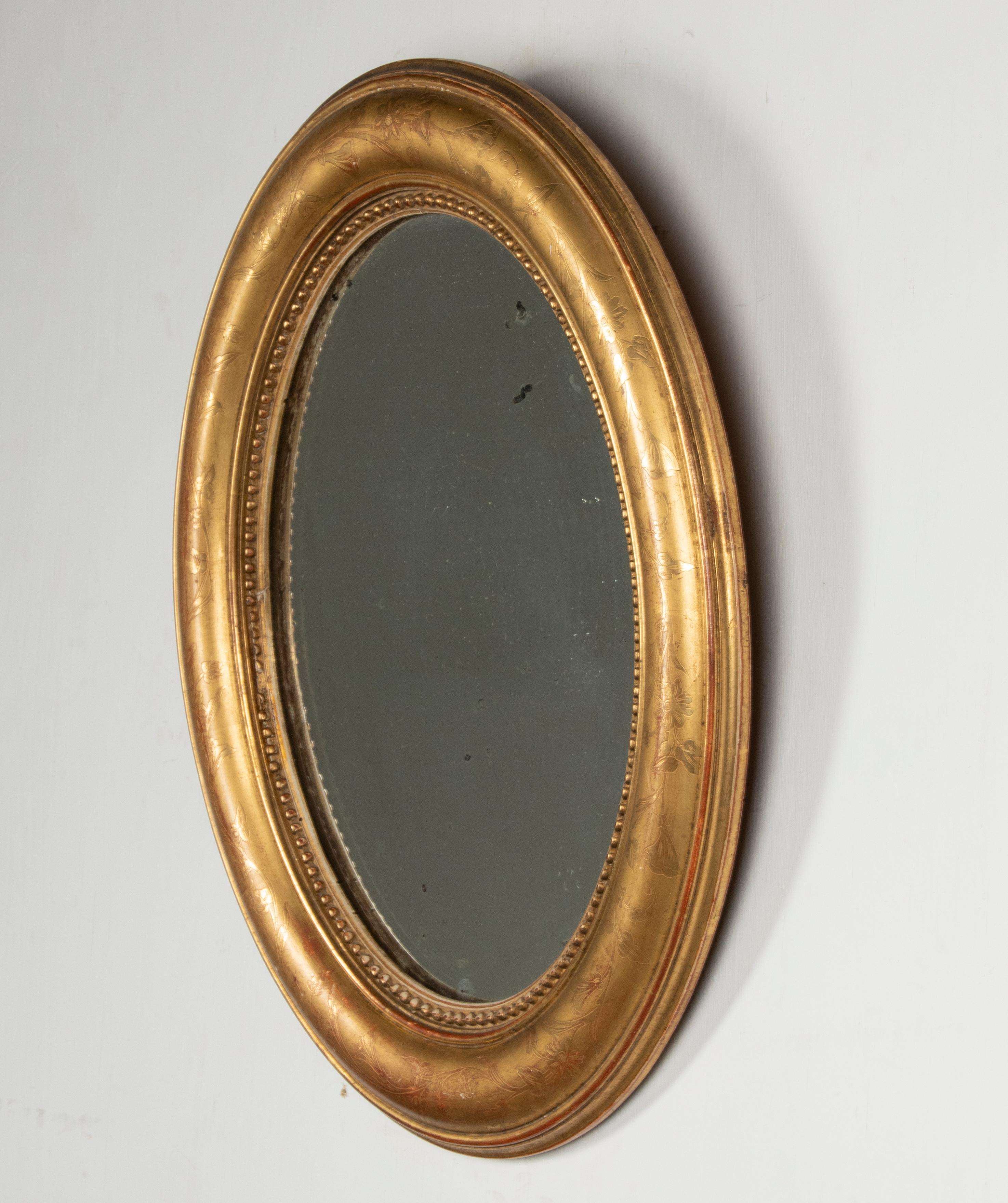 19th Century French Oval Mirror Gesso on Wood Gold Leaf Gilded Floral Etched 7