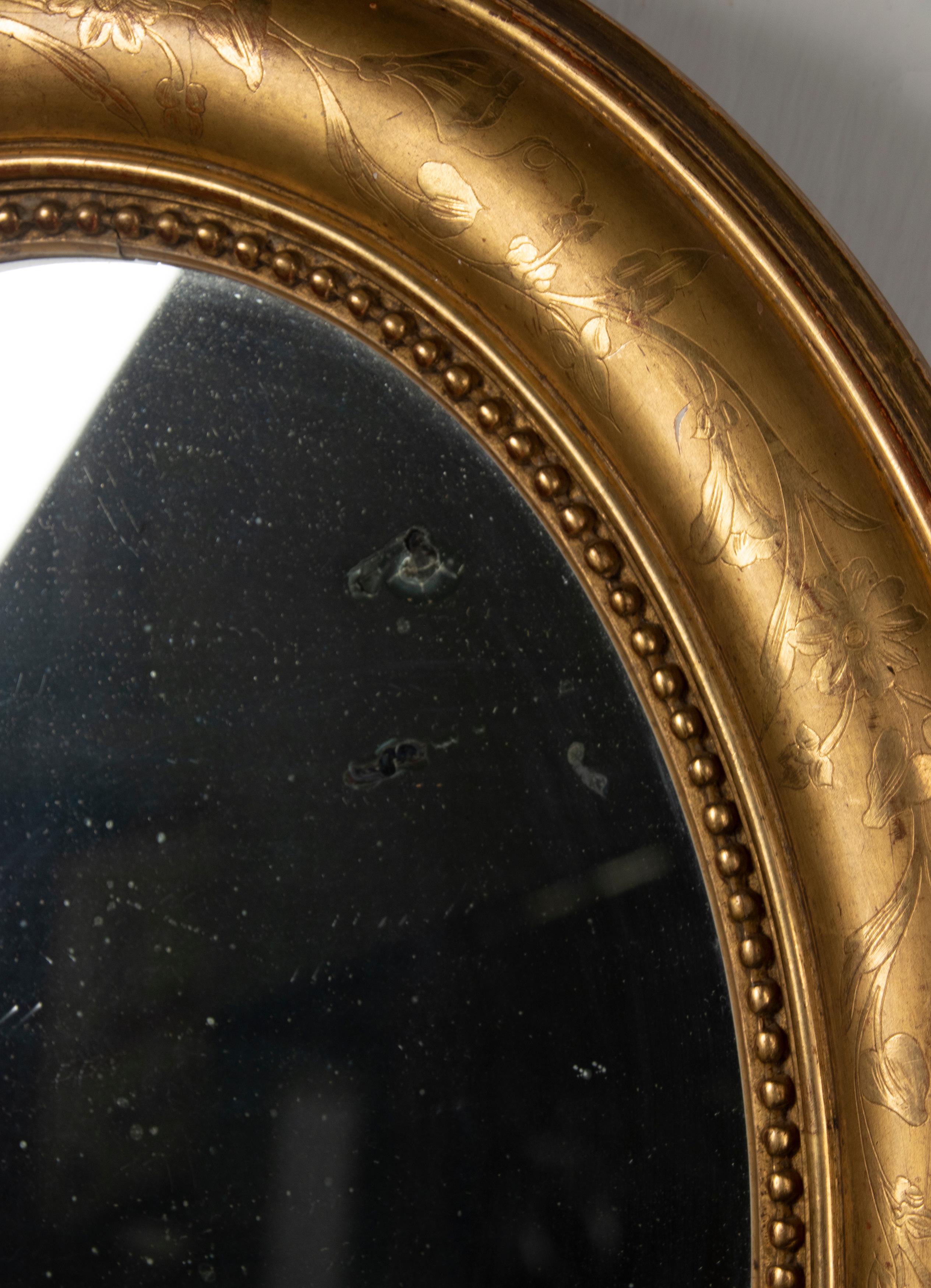 19th Century French Oval Mirror Gesso on Wood Gold Leaf Gilded Floral Etched 8