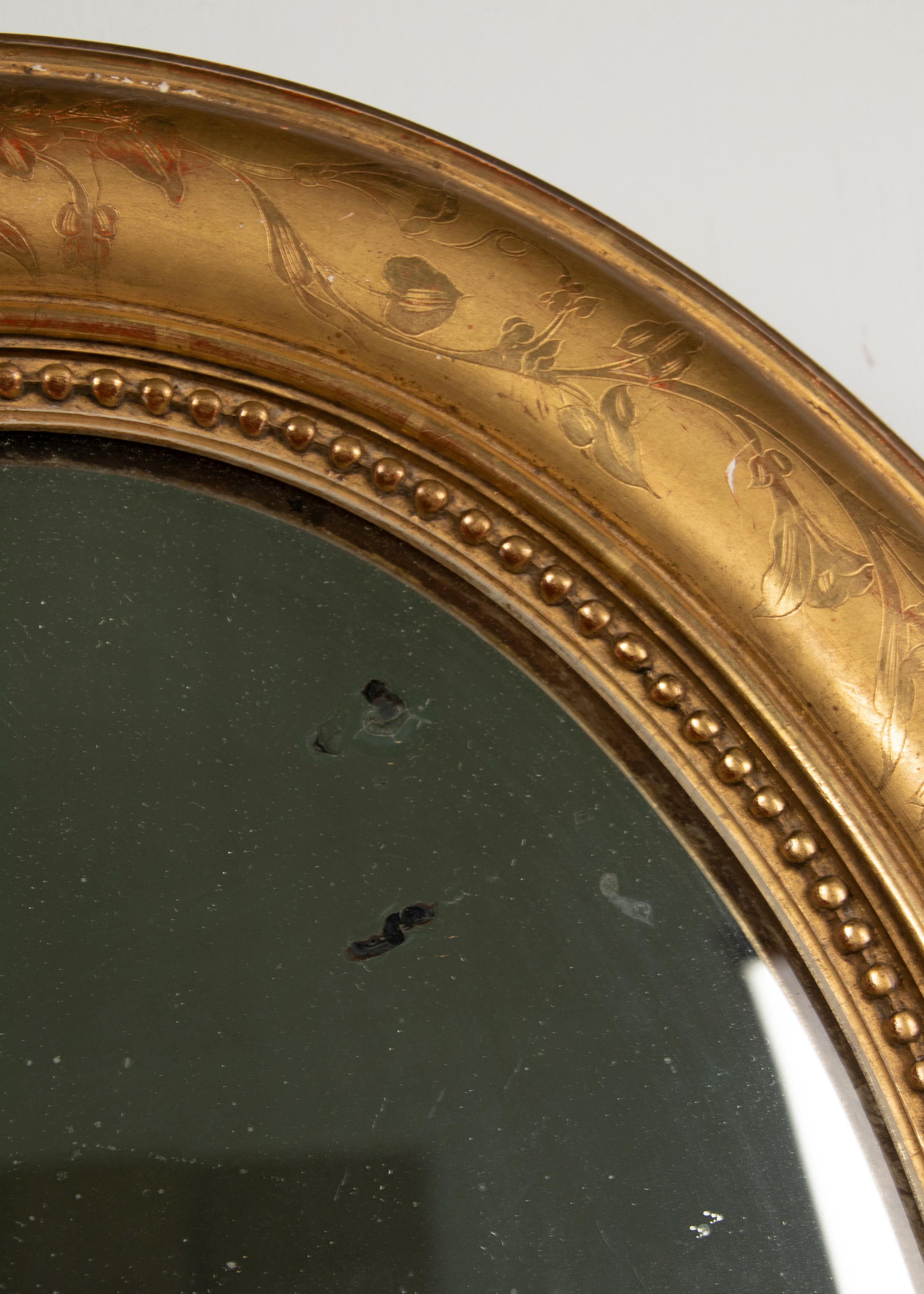 19th Century French Oval Mirror Gesso on Wood Gold Leaf Gilded Floral Etched 10