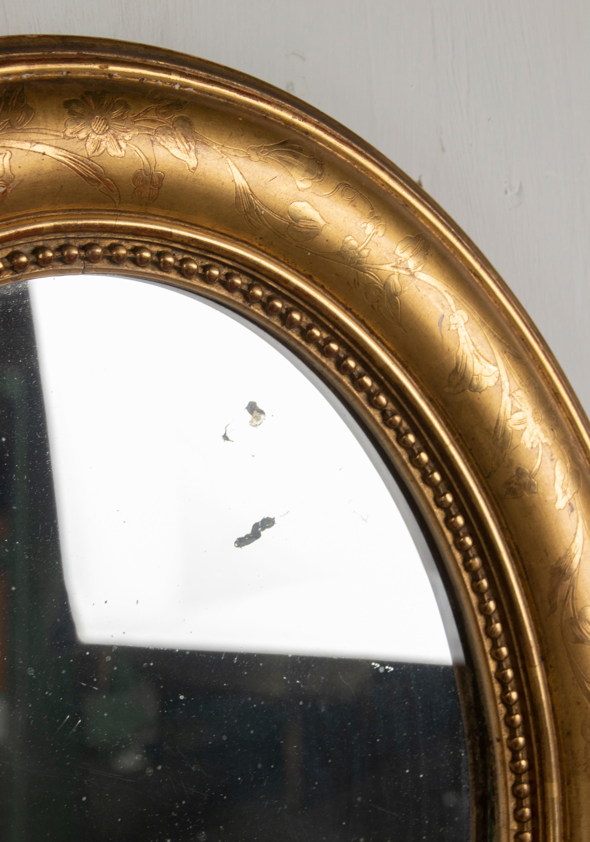 19th Century French Oval Mirror Gesso on Wood Gold Leaf Gilded Floral Etched 11