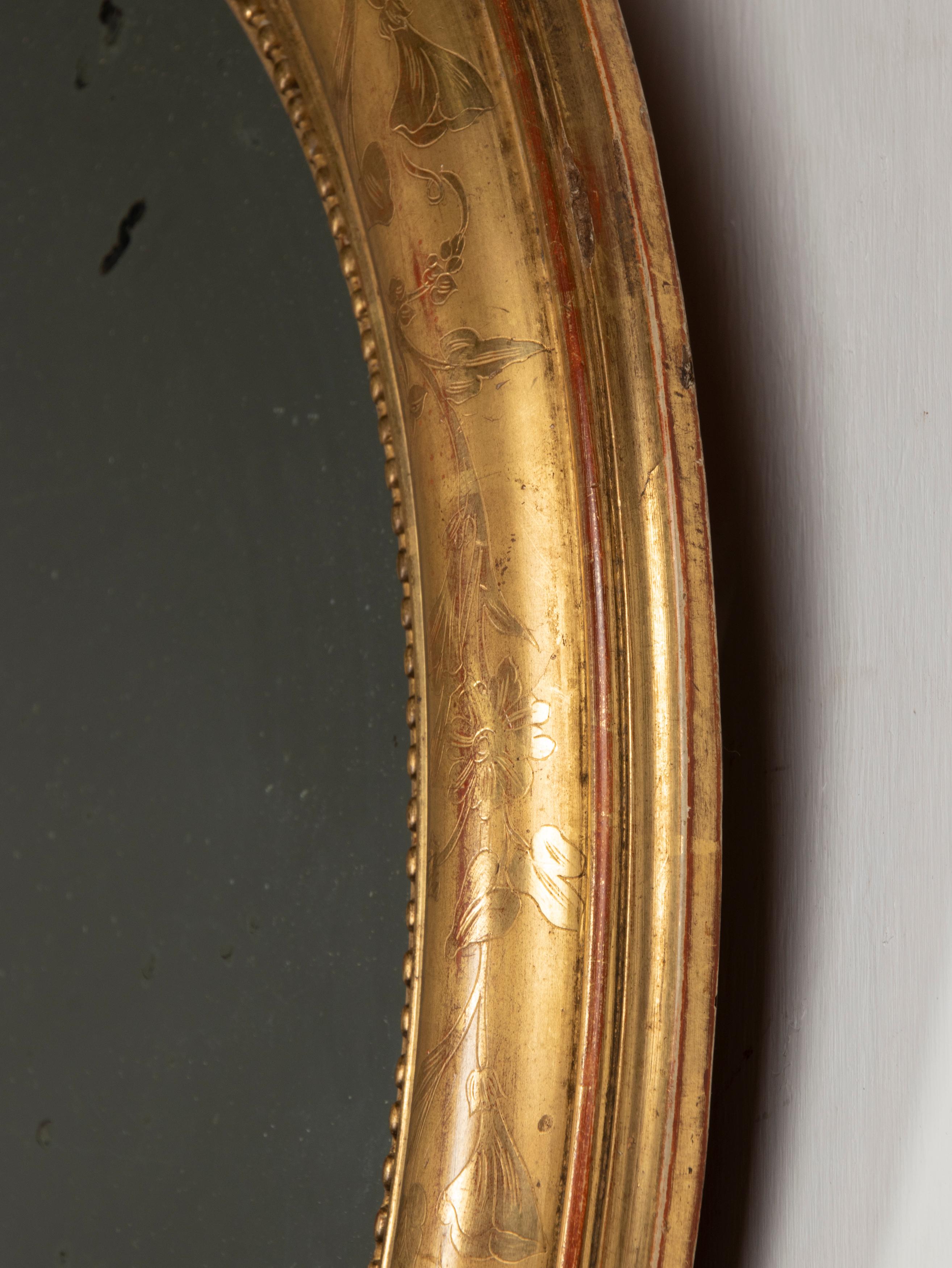 19th Century French Oval Mirror Gesso on Wood Gold Leaf Gilded Floral Etched 12