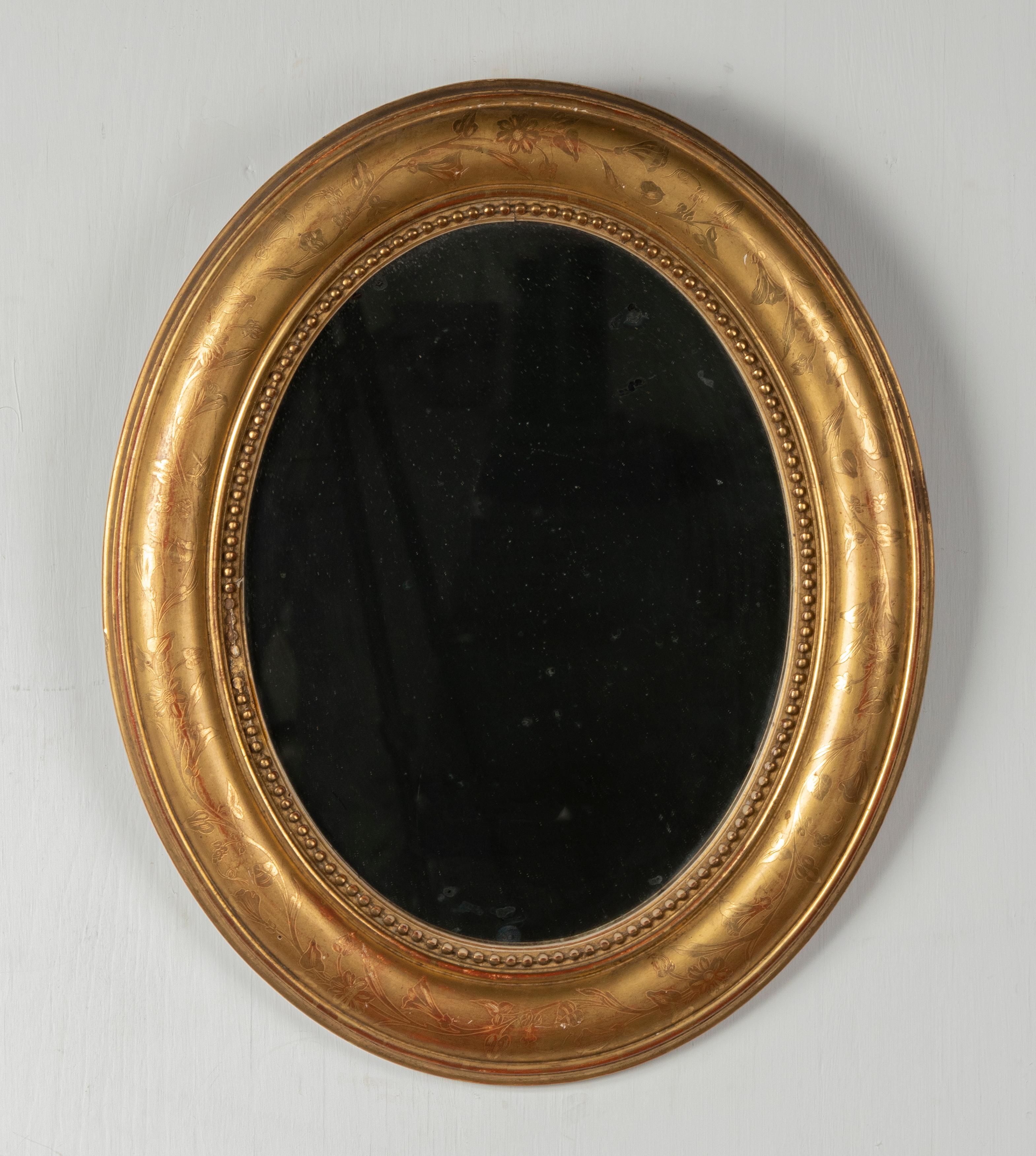 Louis Philippe 19th Century French Oval Mirror Gesso on Wood Gold Leaf Gilded Floral Etched