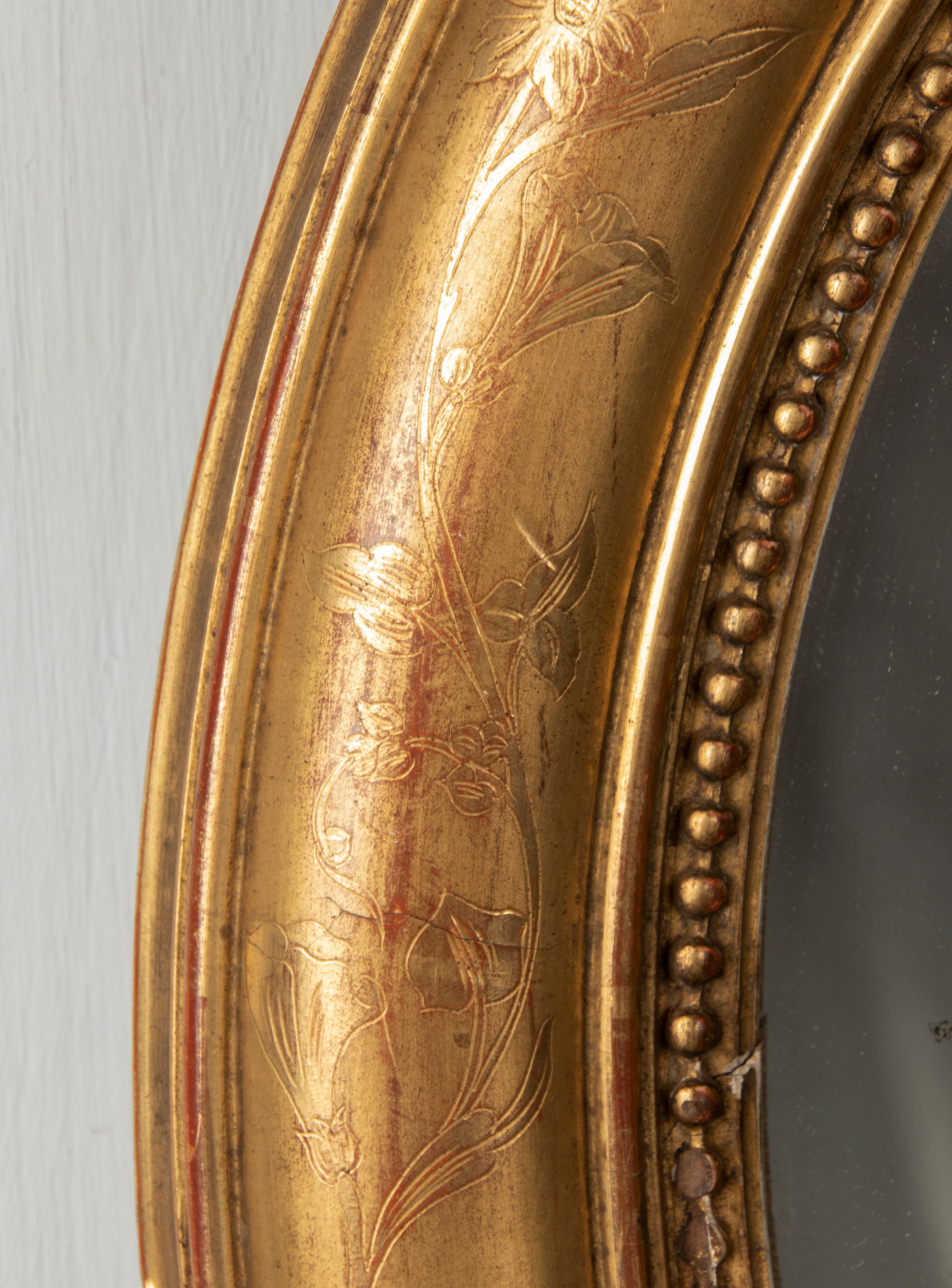 Late 19th Century 19th Century French Oval Mirror Gesso on Wood Gold Leaf Gilded Floral Etched