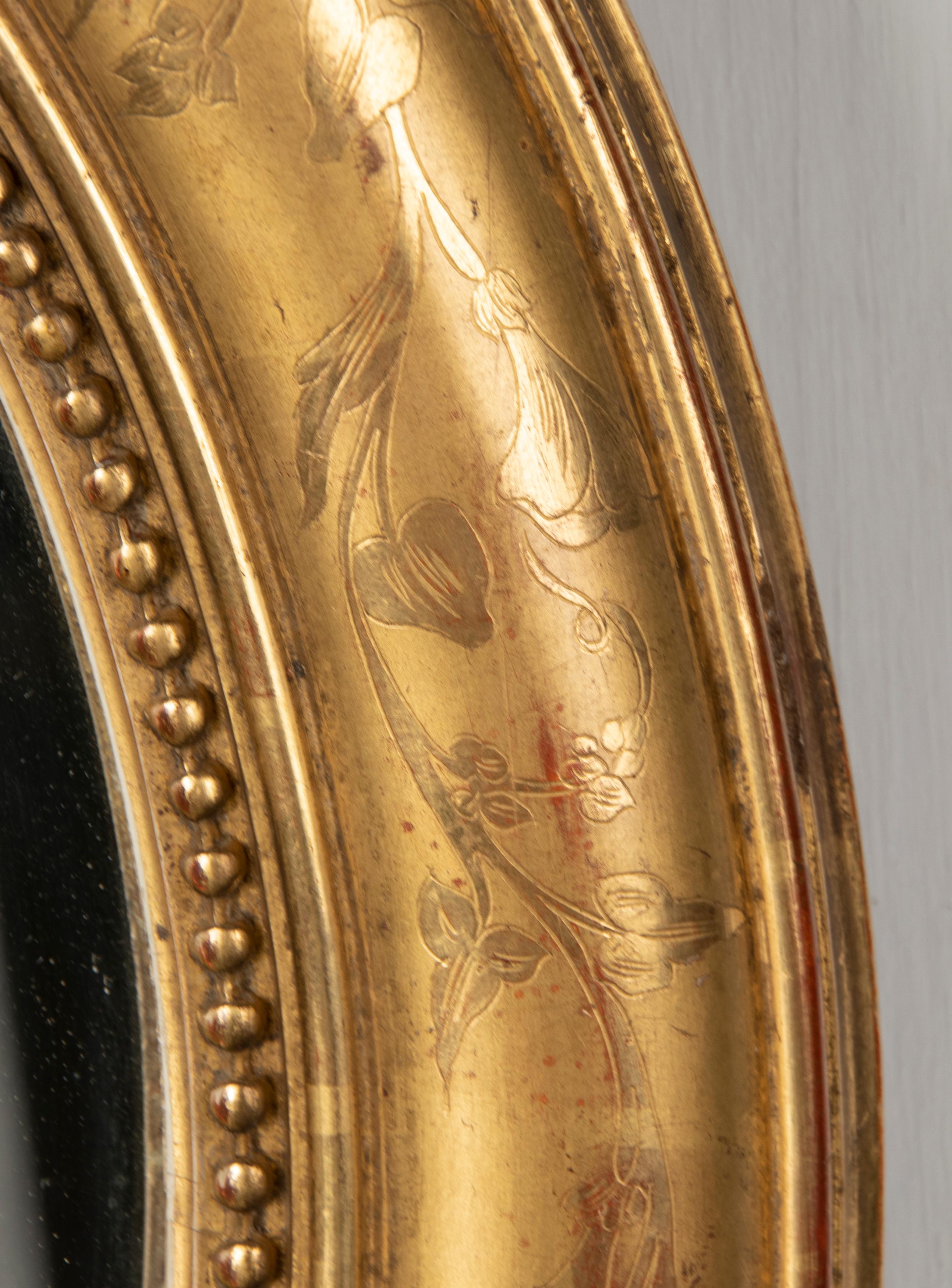 19th Century French Oval Mirror Gesso on Wood Gold Leaf Gilded Floral Etched 1