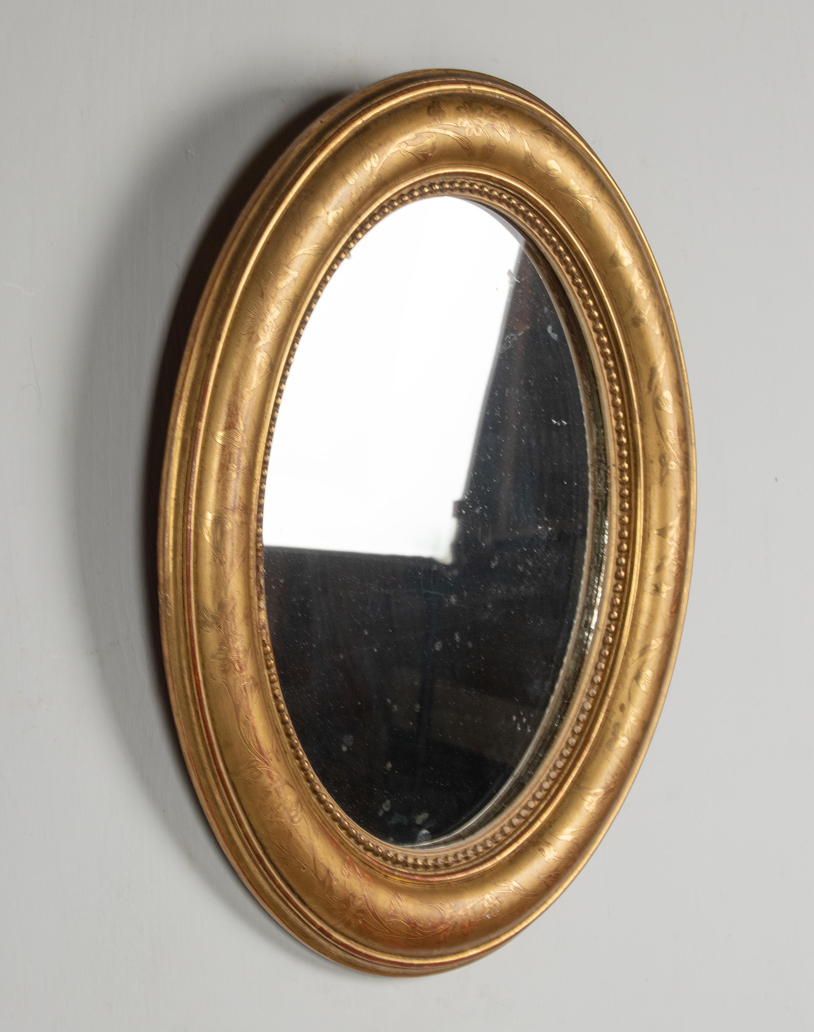 19th Century French Oval Mirror Gesso on Wood Gold Leaf Gilded Floral Etched 2