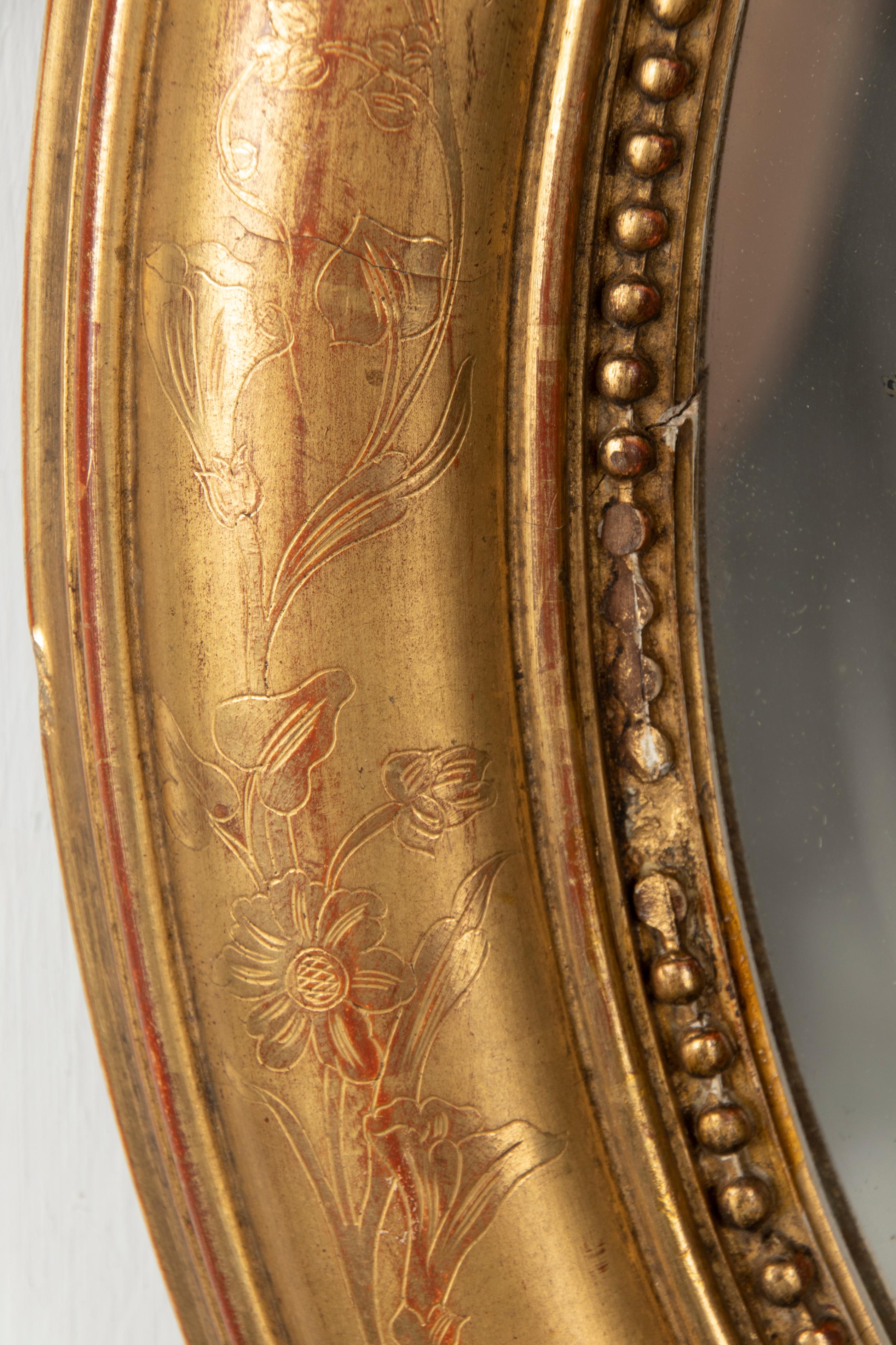 19th Century French Oval Mirror Gesso on Wood Gold Leaf Gilded Floral Etched 3