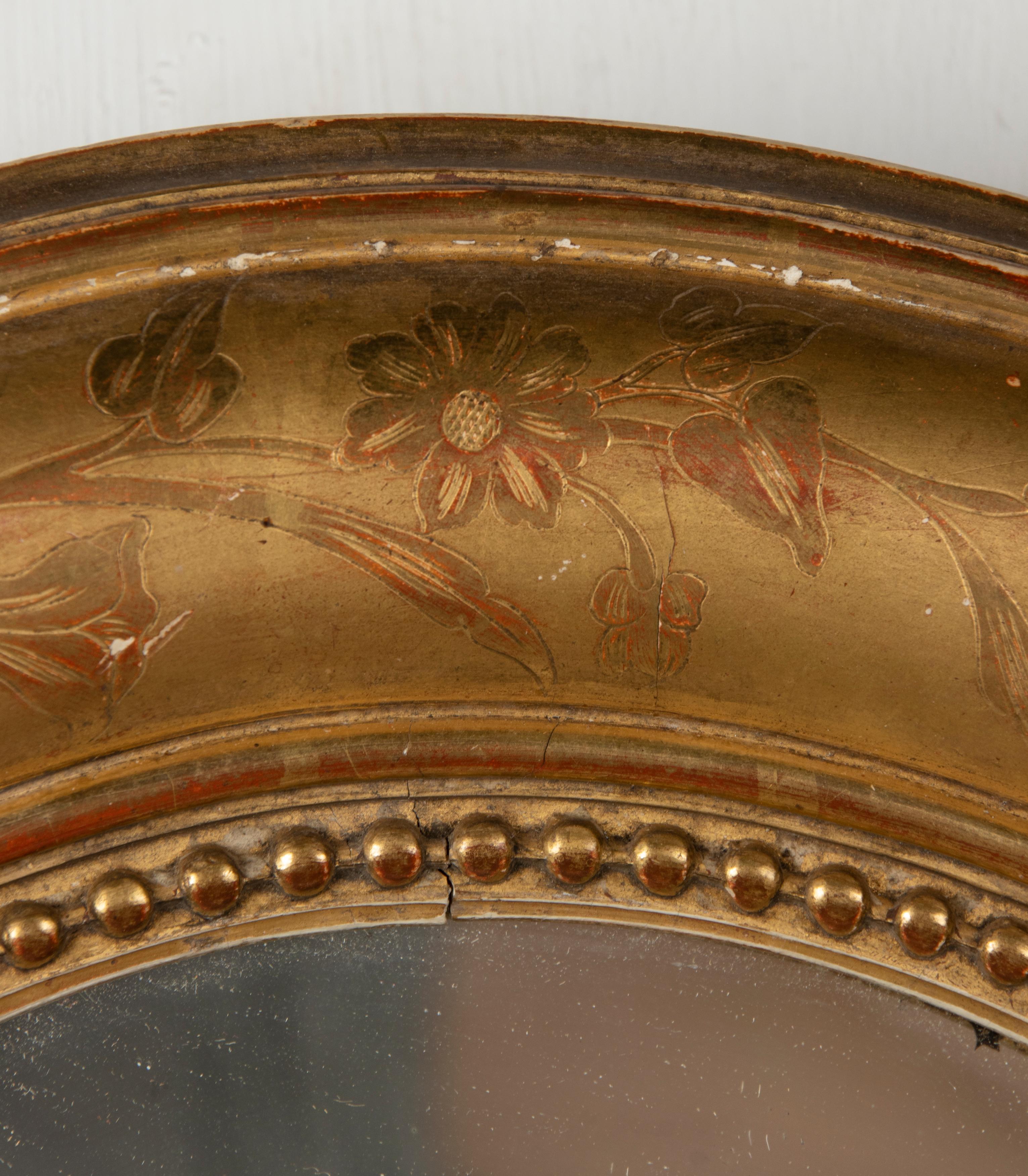 19th Century French Oval Mirror Gesso on Wood Gold Leaf Gilded Floral Etched 4