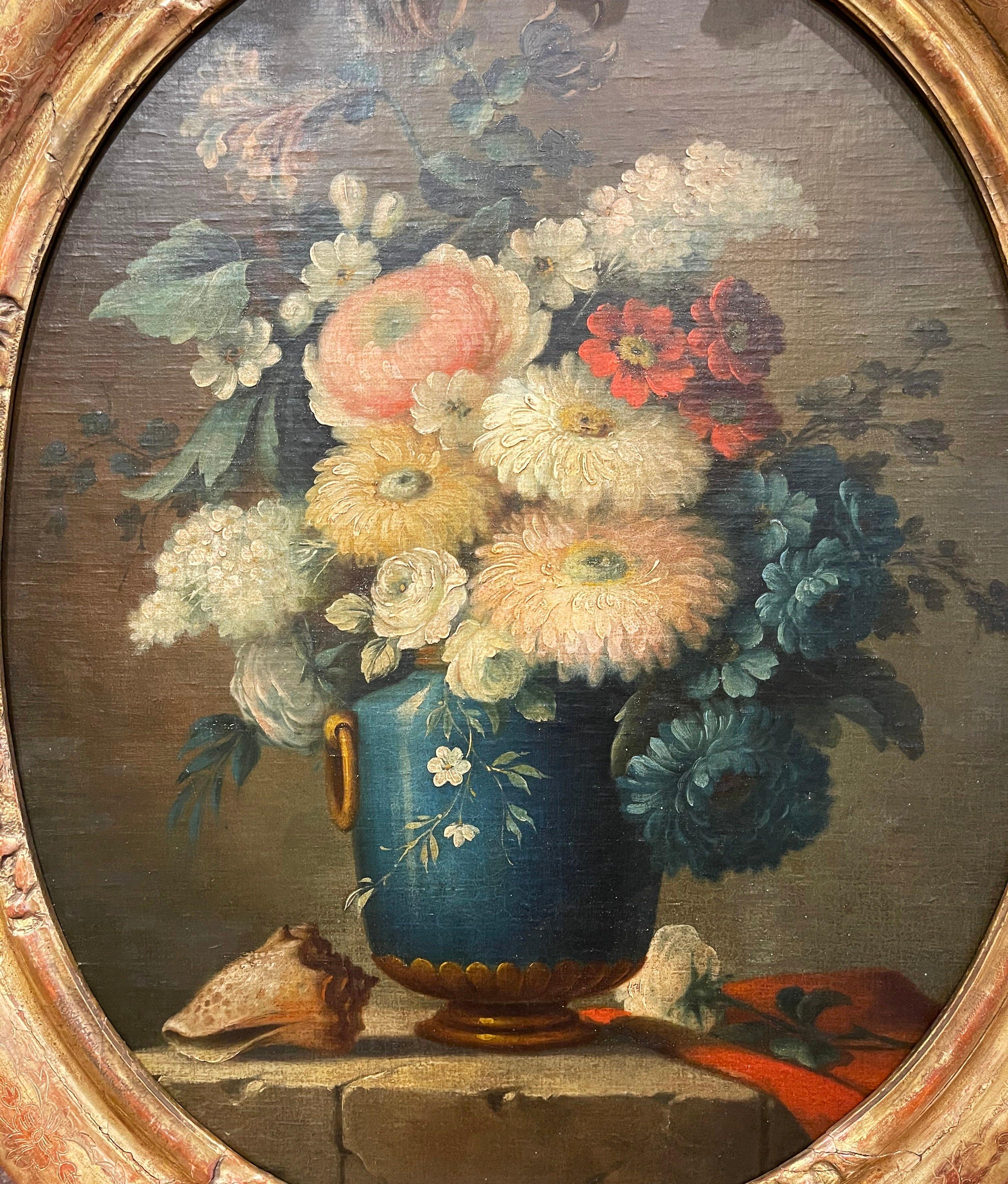 19th Century French Oval Oil on Board Floral Painting in Carved Gilt Frame In Excellent Condition In Dallas, TX