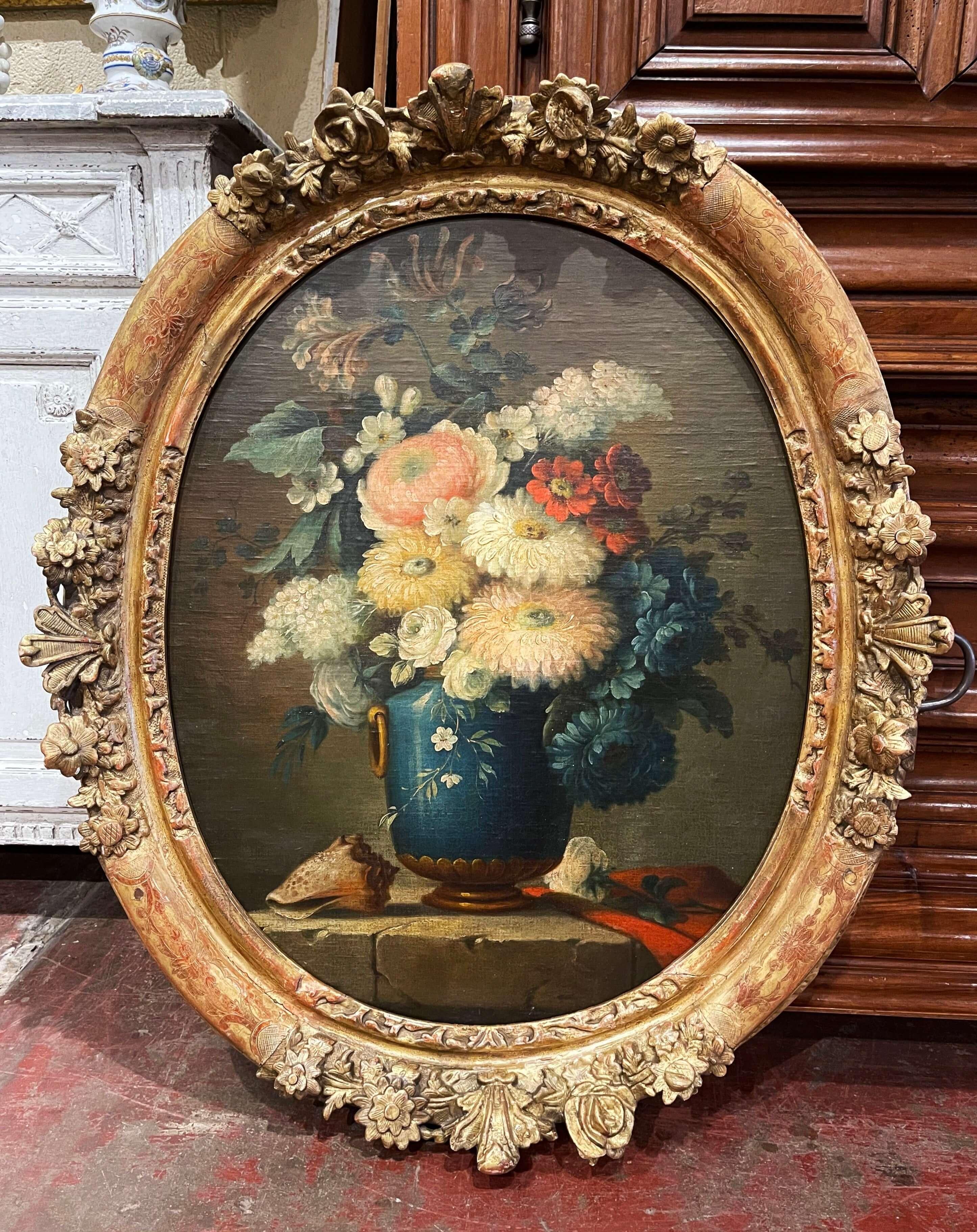 19th Century French Oval Oil on Board Floral Painting in Carved Gilt Frame 1