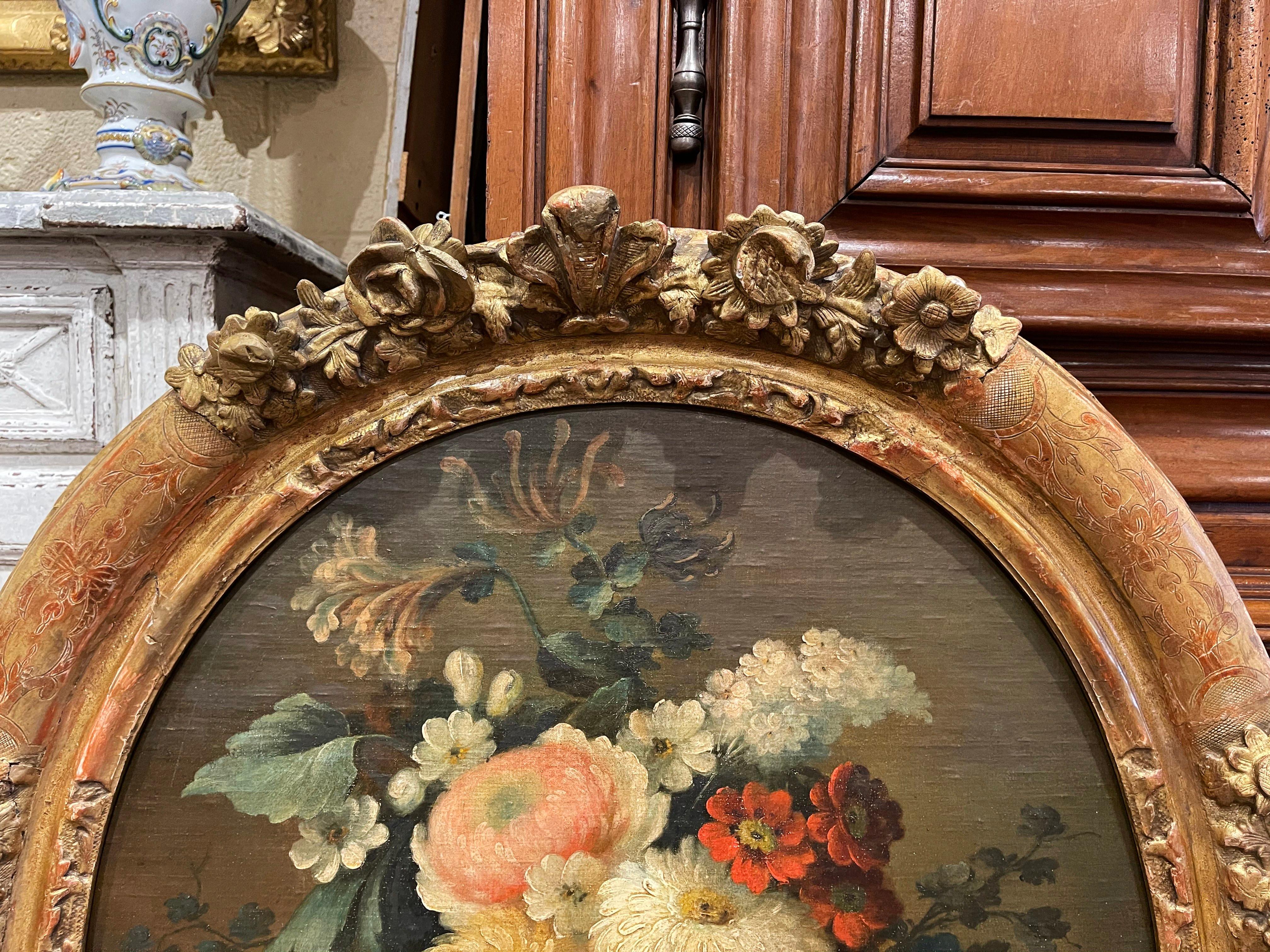 19th Century French Oval Oil on Board Floral Painting in Carved Gilt Frame 2