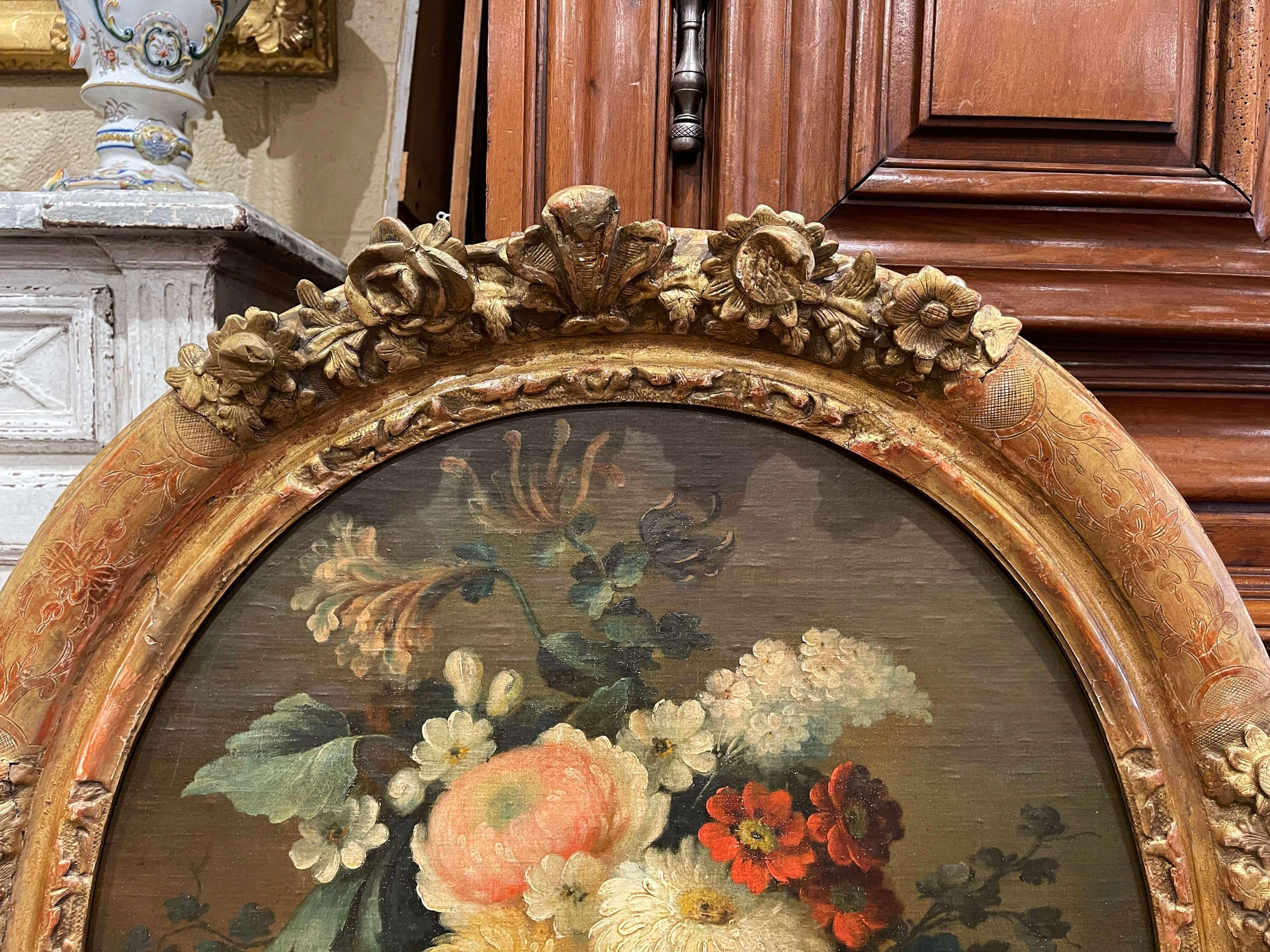 19th Century French Oval Oil on Board Floral Painting in Carved Gilt Frame 2