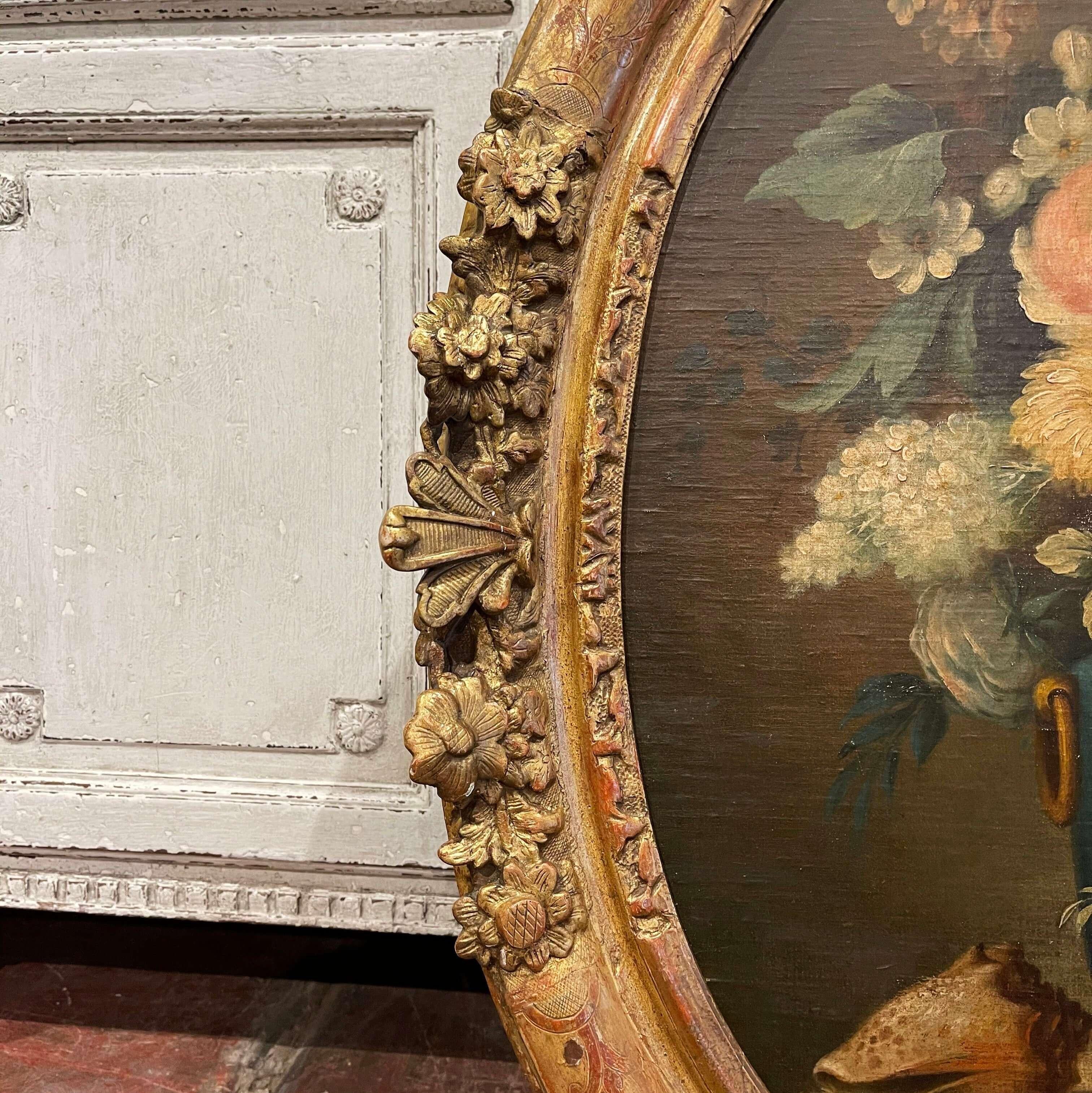 19th Century French Oval Oil on Board Floral Painting in Carved Gilt Frame 3