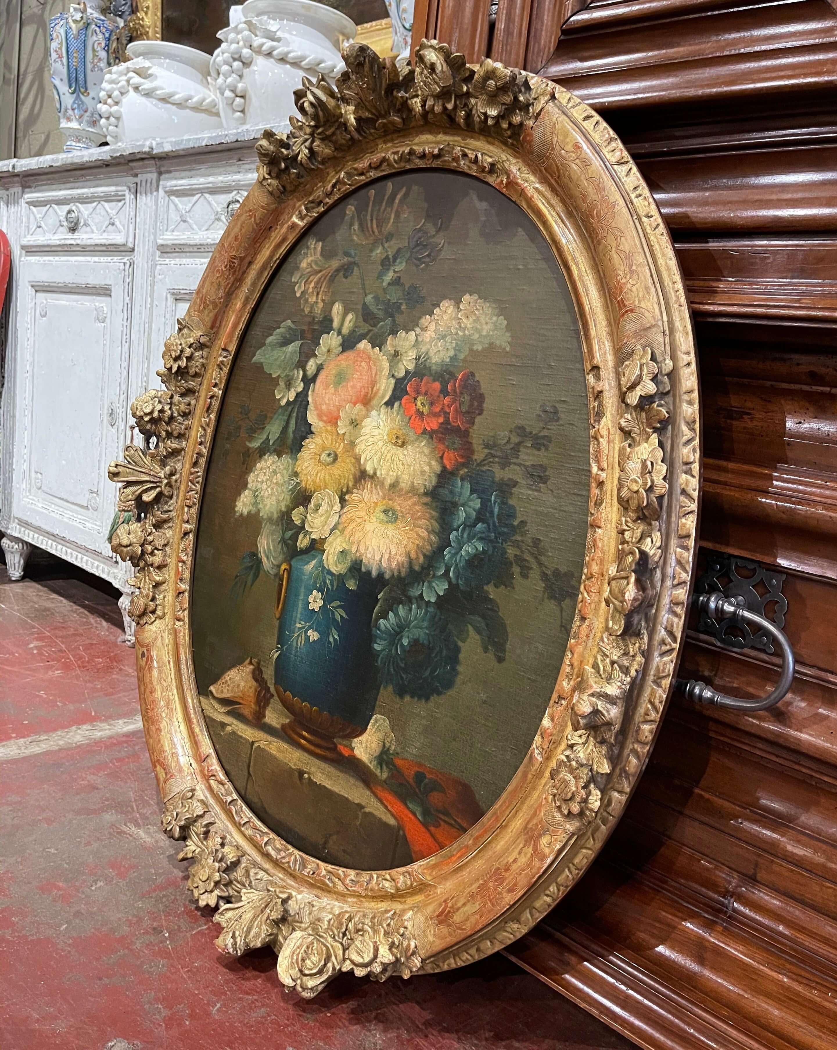 19th Century French Oval Oil on Board Floral Painting in Carved Gilt Frame 4