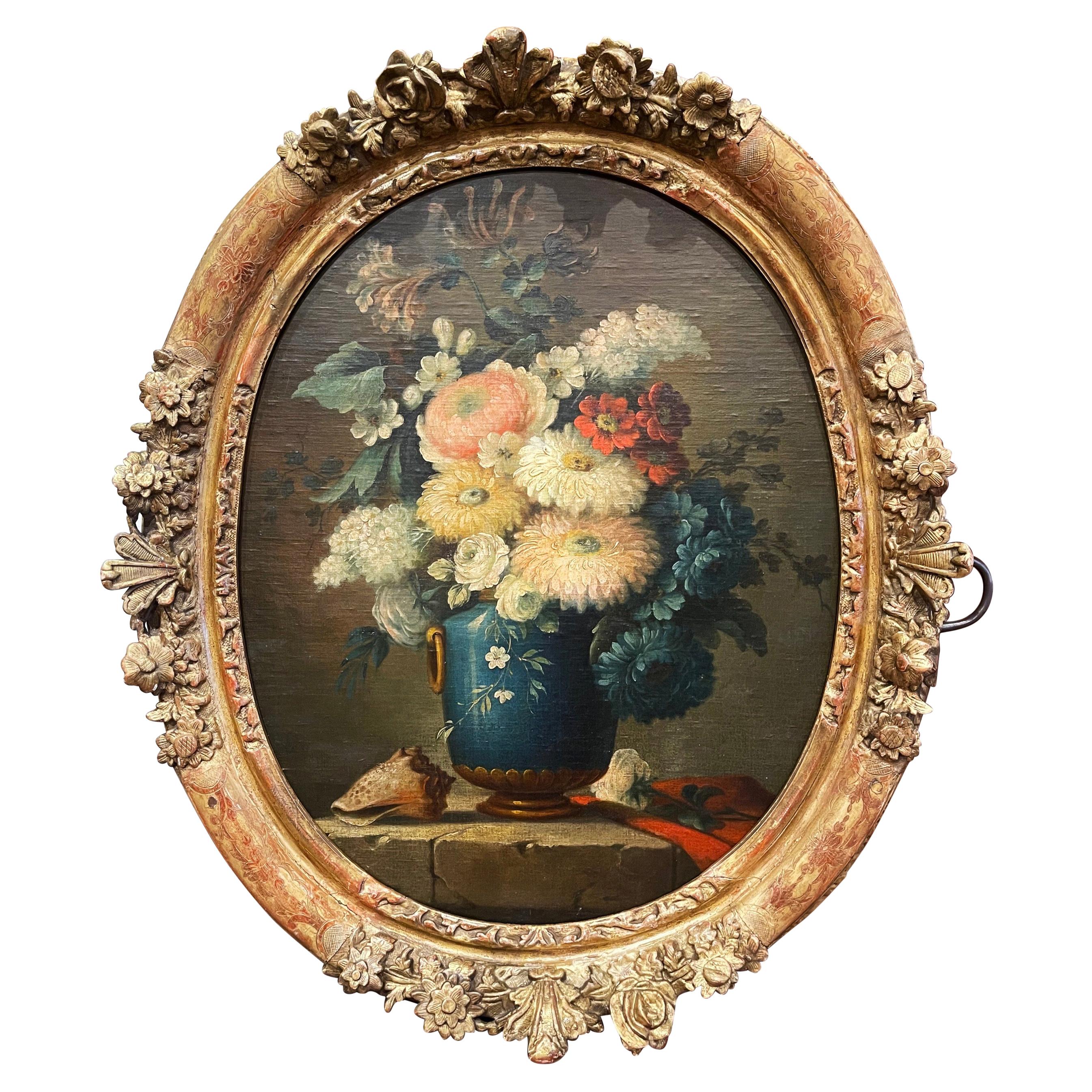 19th Century French Oval Oil on Board Floral Painting in Carved Gilt Frame
