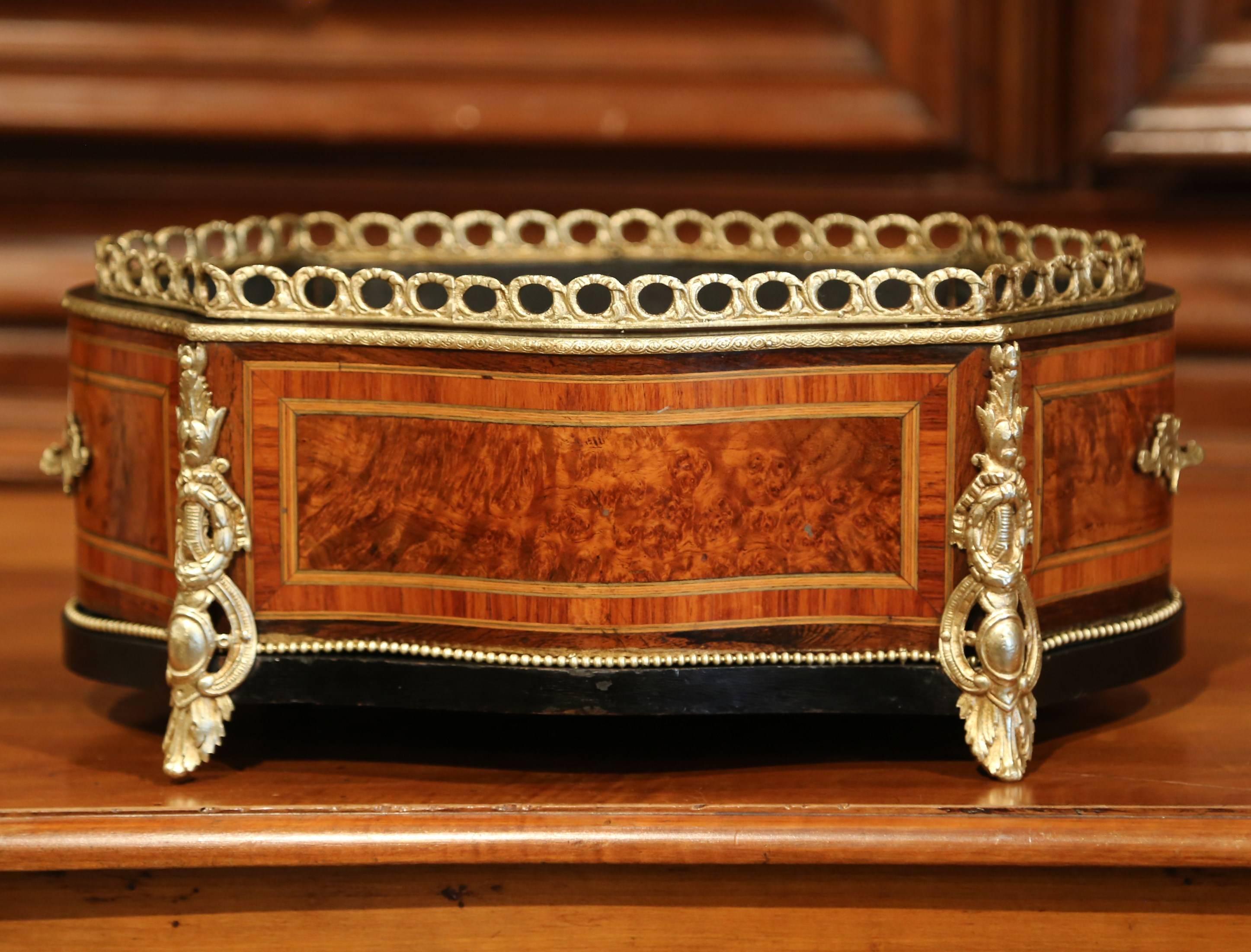 This elegant, antique fruit wood planter was crafted in France, circa 1870. Oval in shape with bombe sides, the Napoleon III jardinière with side handles, features a bronze gallery around the top rim, and geometric marquetry designs on all four