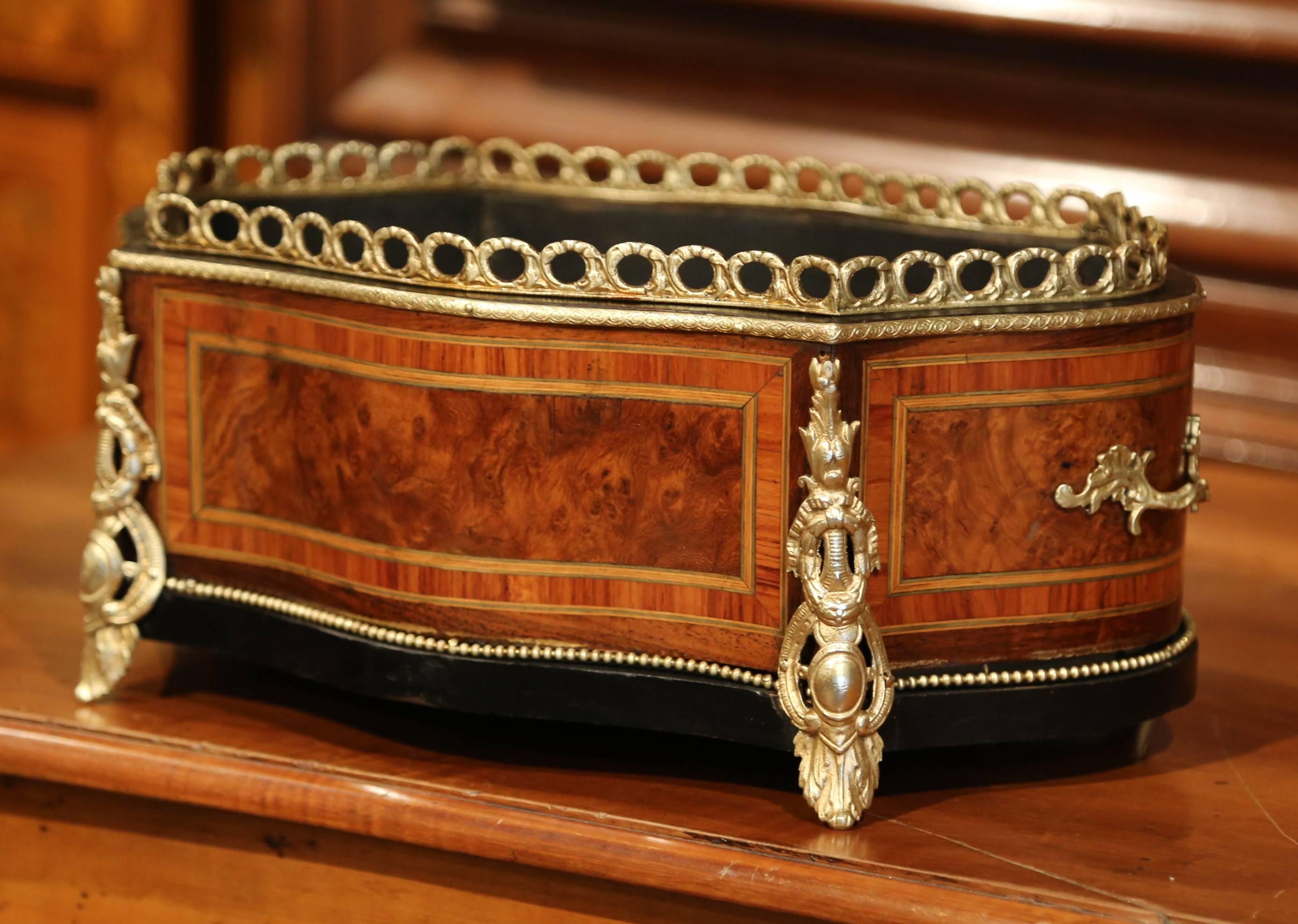 Napoleon III 19th Century French Burl Walnut Oval Jardinière with Marquetry and Bronze Mounts