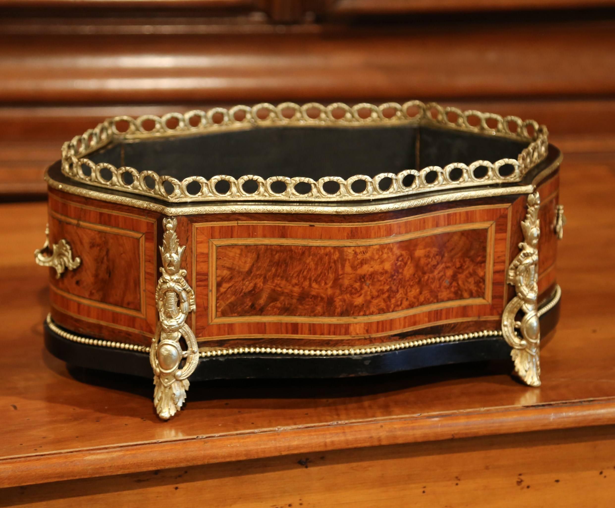 19th Century French Burl Walnut Oval Jardinière with Marquetry and Bronze Mounts 2