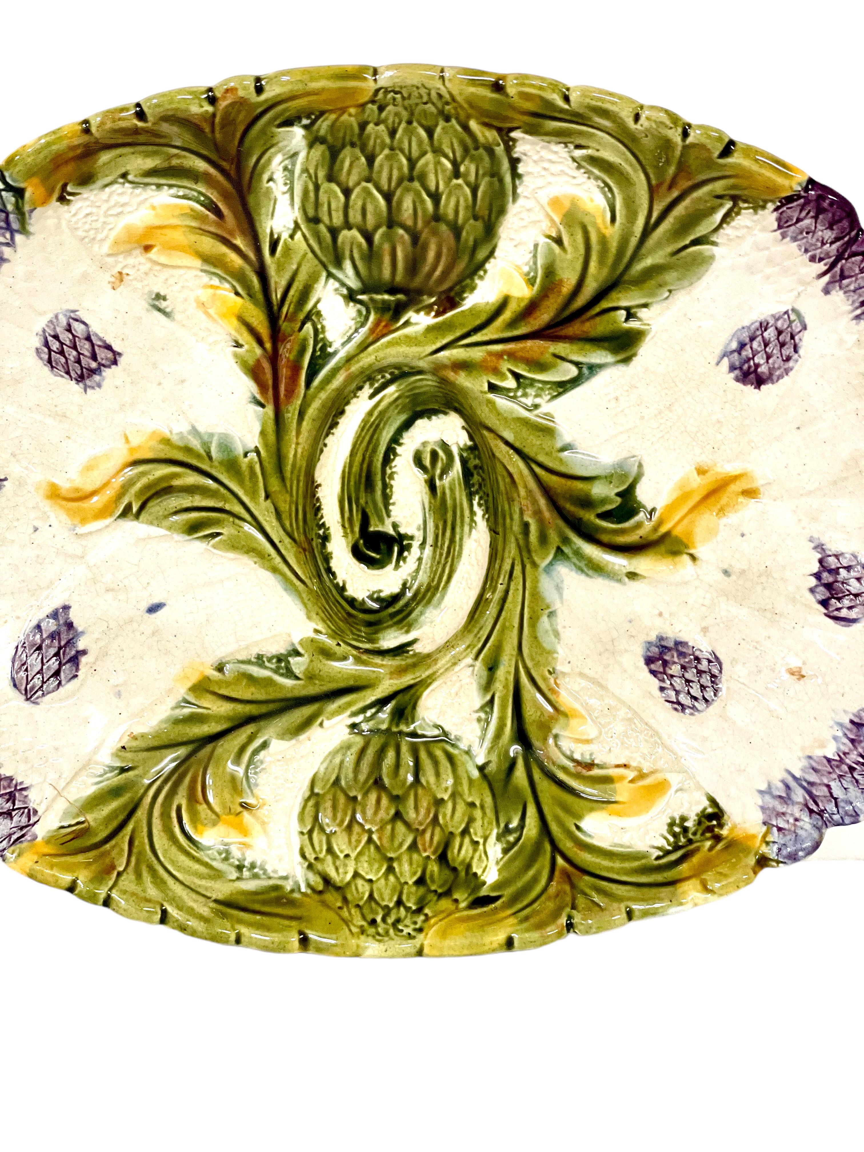 Art Nouveau 19th Century French Oval Shaped Majolica Asparagus Serving Platter For Sale