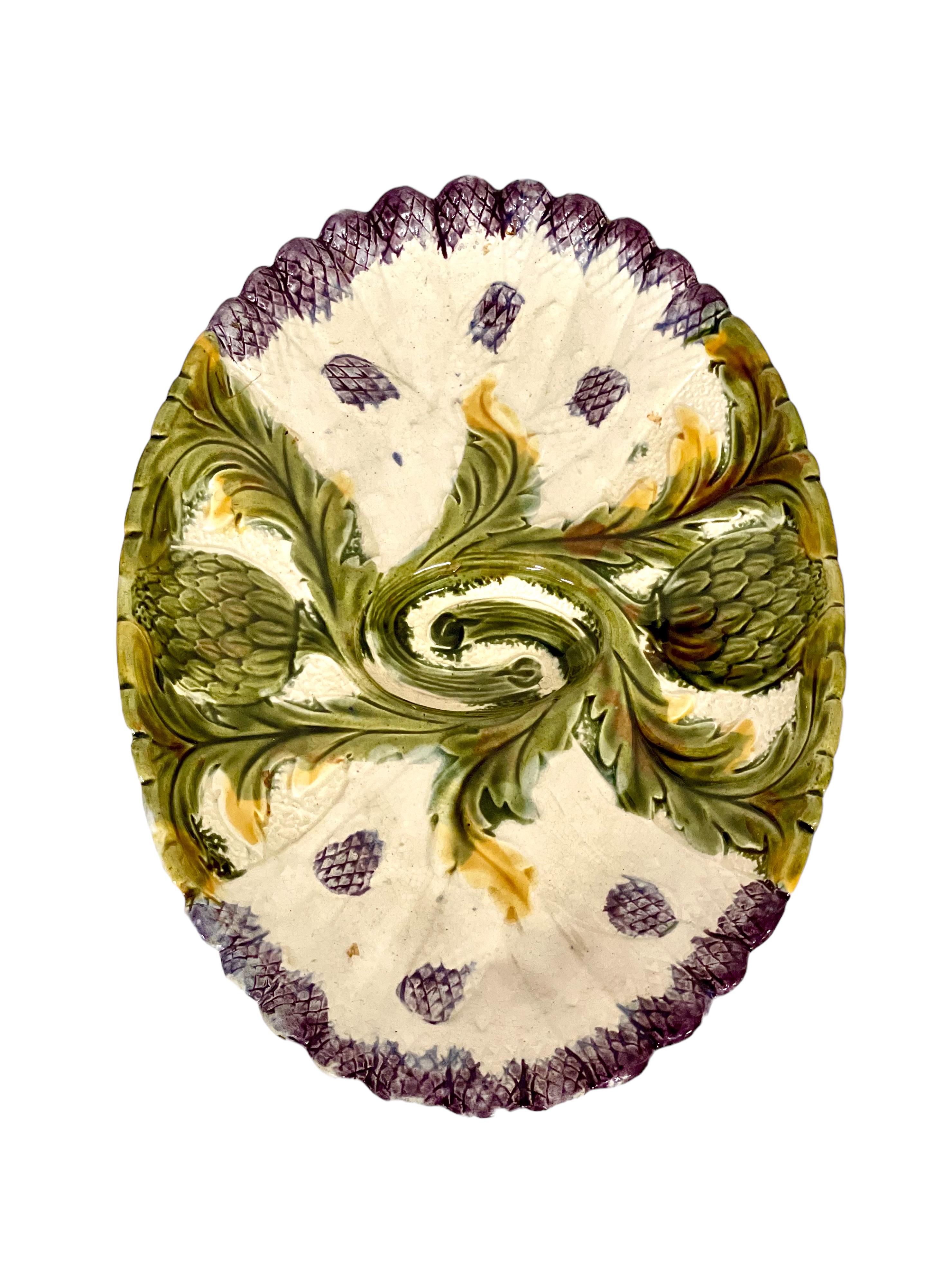 19th Century French Oval Shaped Majolica Asparagus Serving Platter For Sale 3