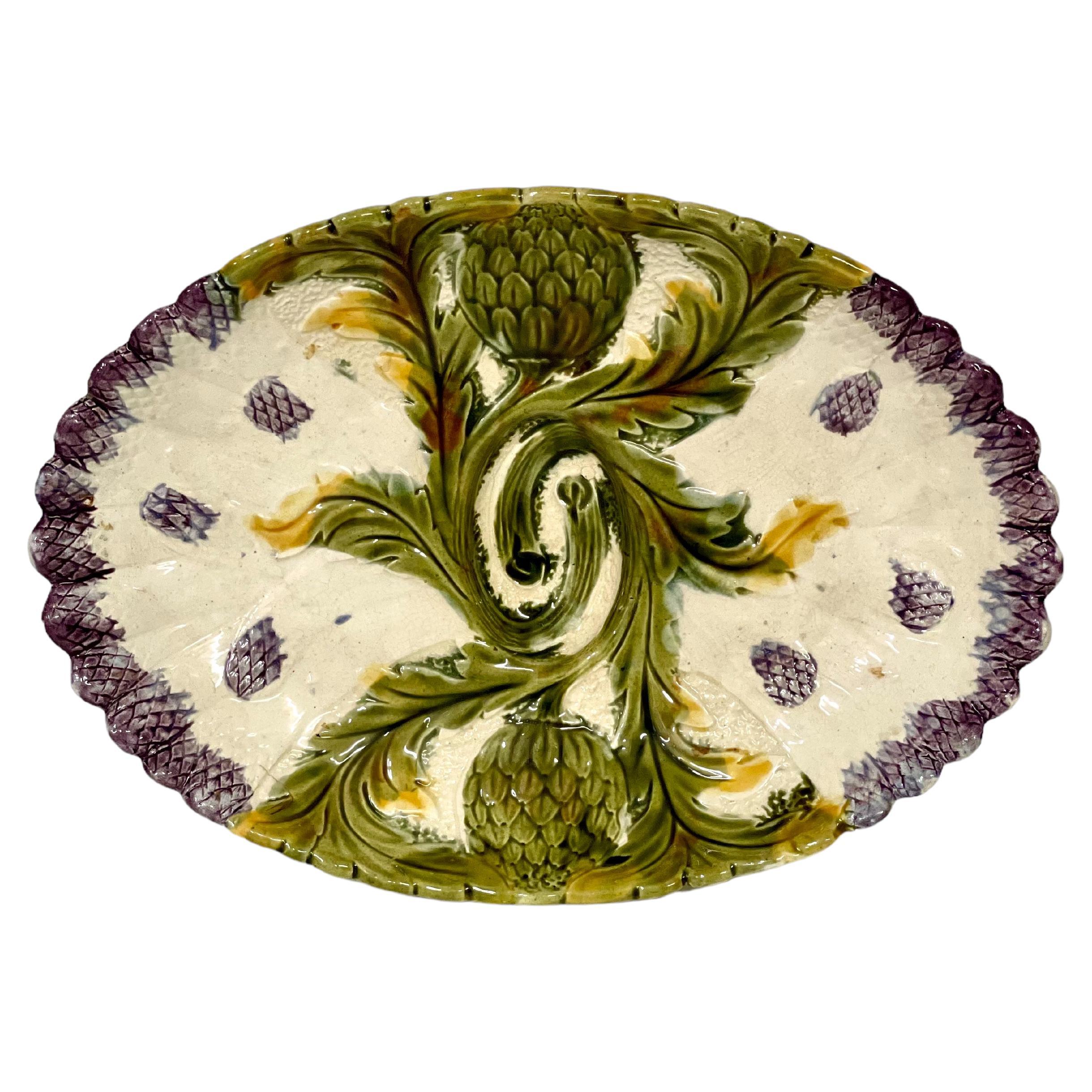 19th Century French Oval Shaped Majolica Asparagus Serving Platter For Sale