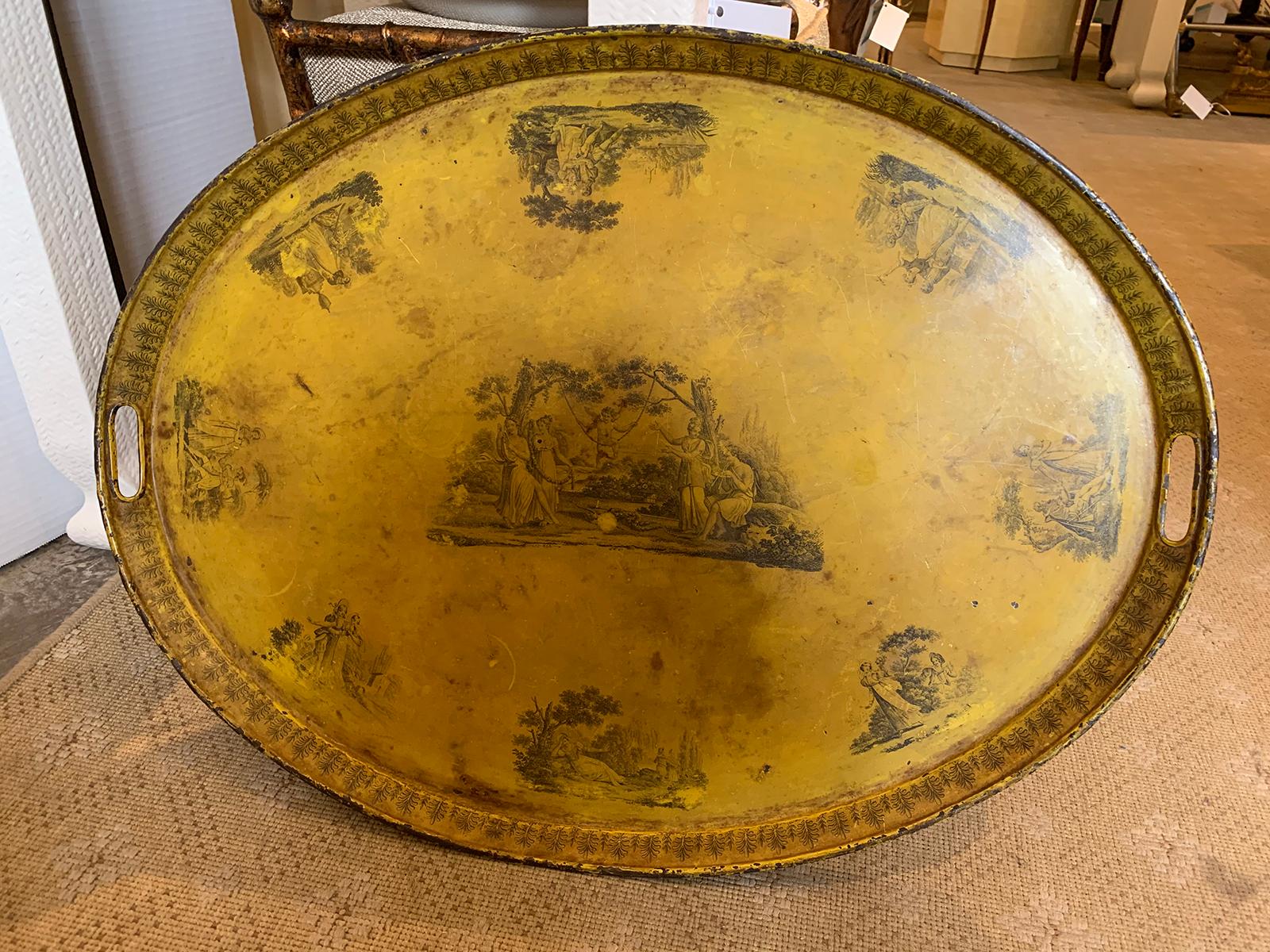 19th Century French Oval Yellow Tole Tray 1