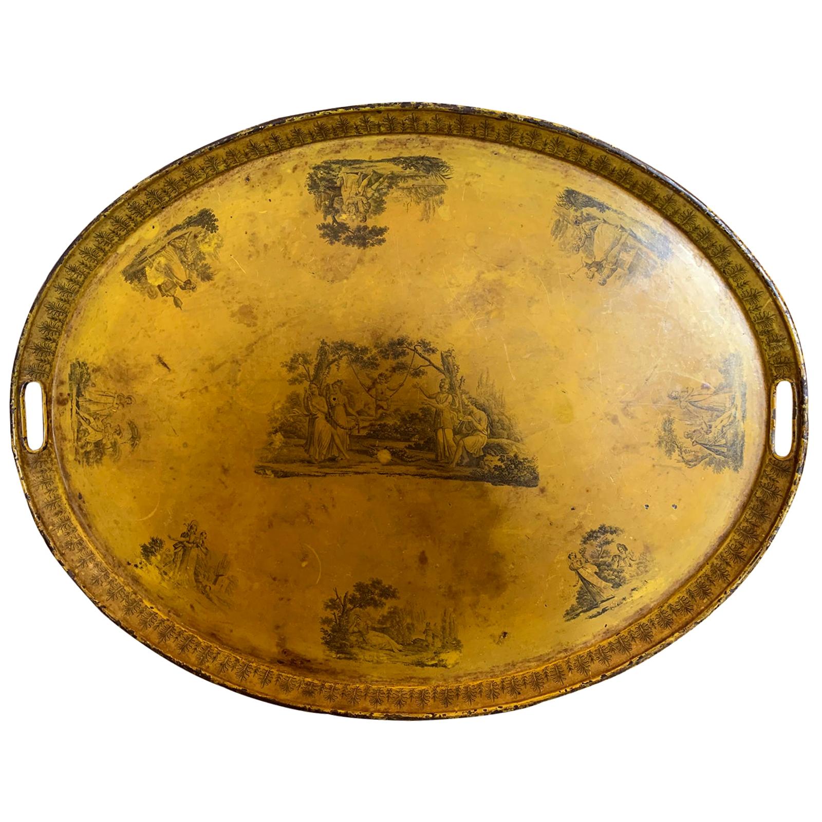 19th Century French Oval Yellow Tole Tray