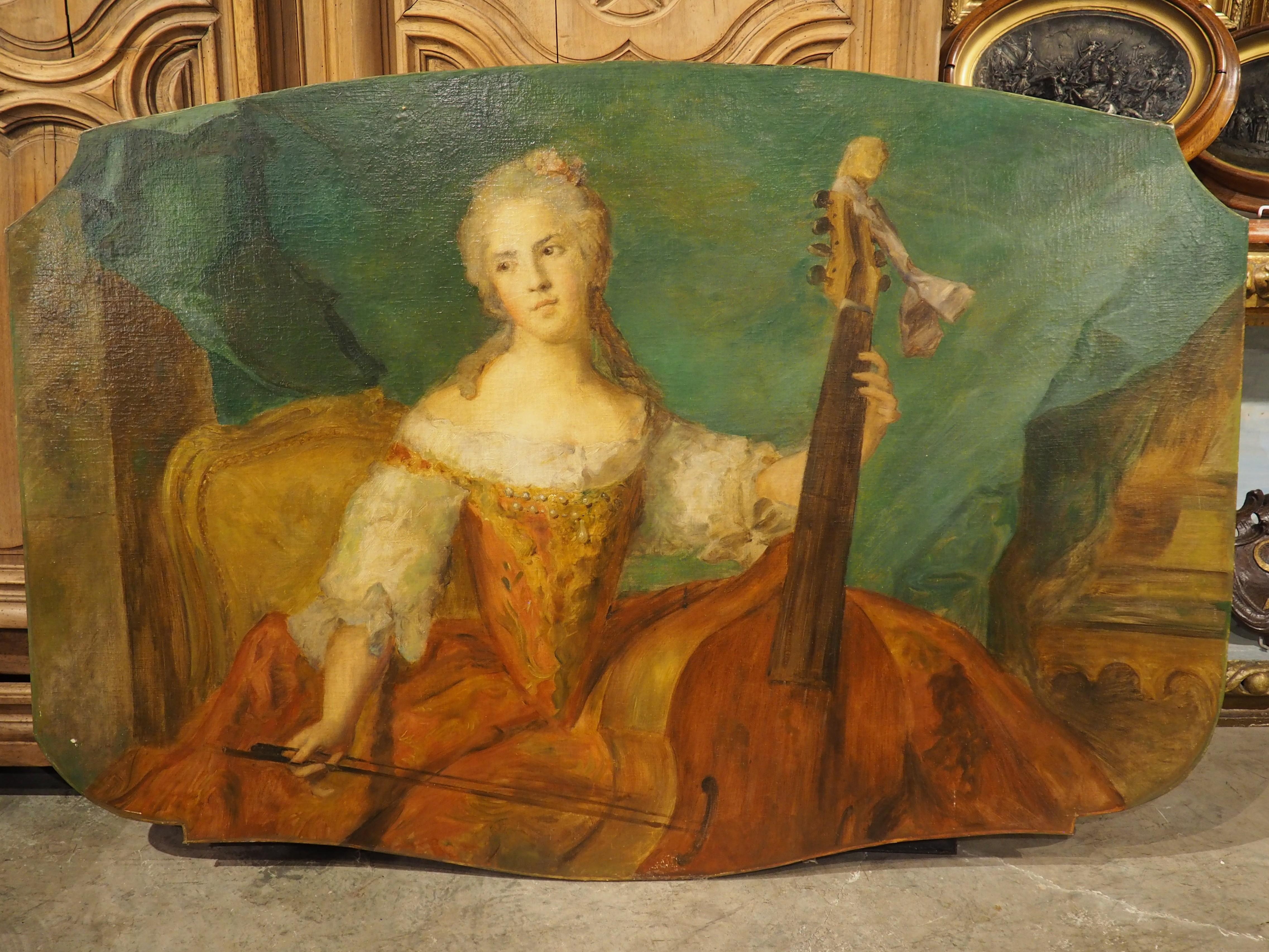 Hand-Painted 19th Century French Overdoor Painting, The Cellist For Sale