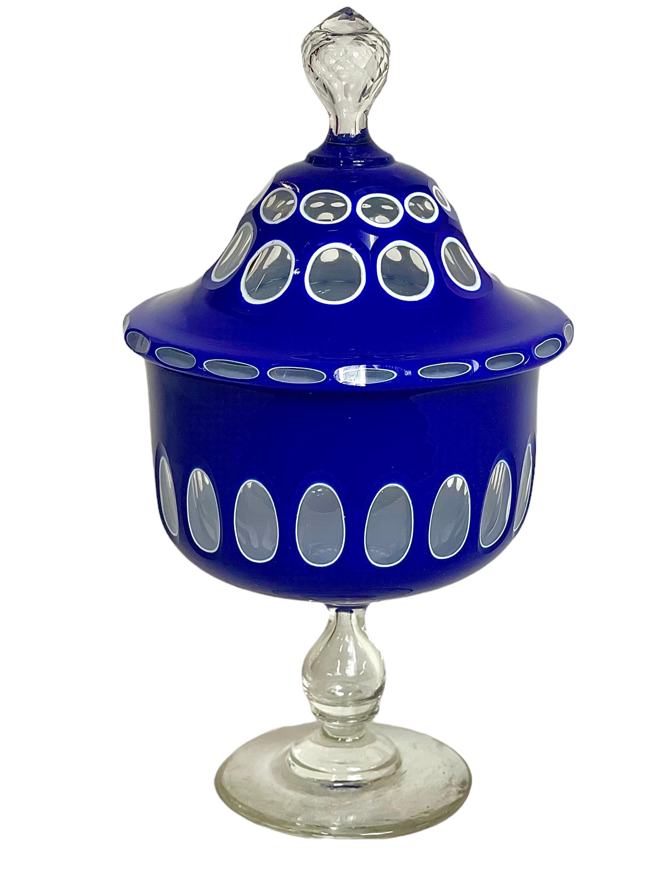 19th Century French Blue Overlay Crystal Sweet Jar 3