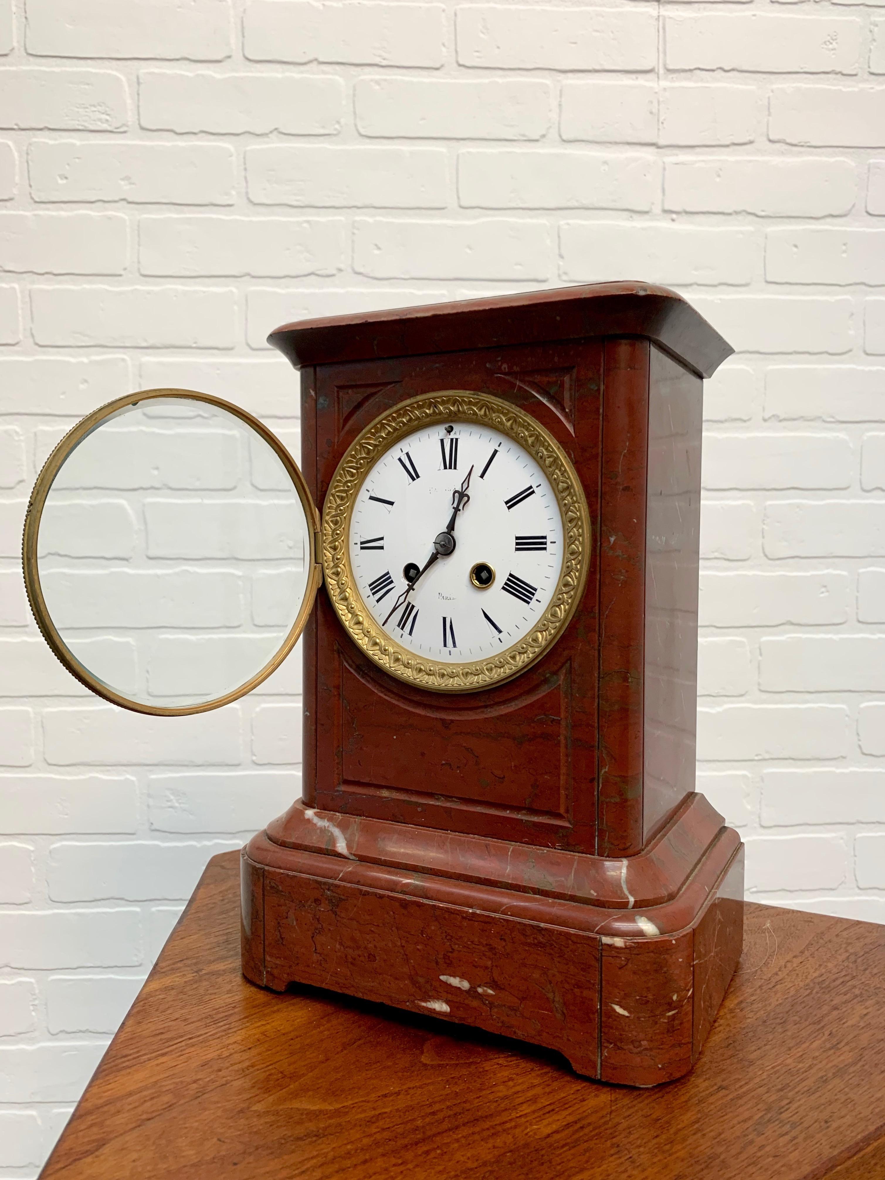 19th Century French Ox-Blood Marble Table Clock In Good Condition In Denton, TX