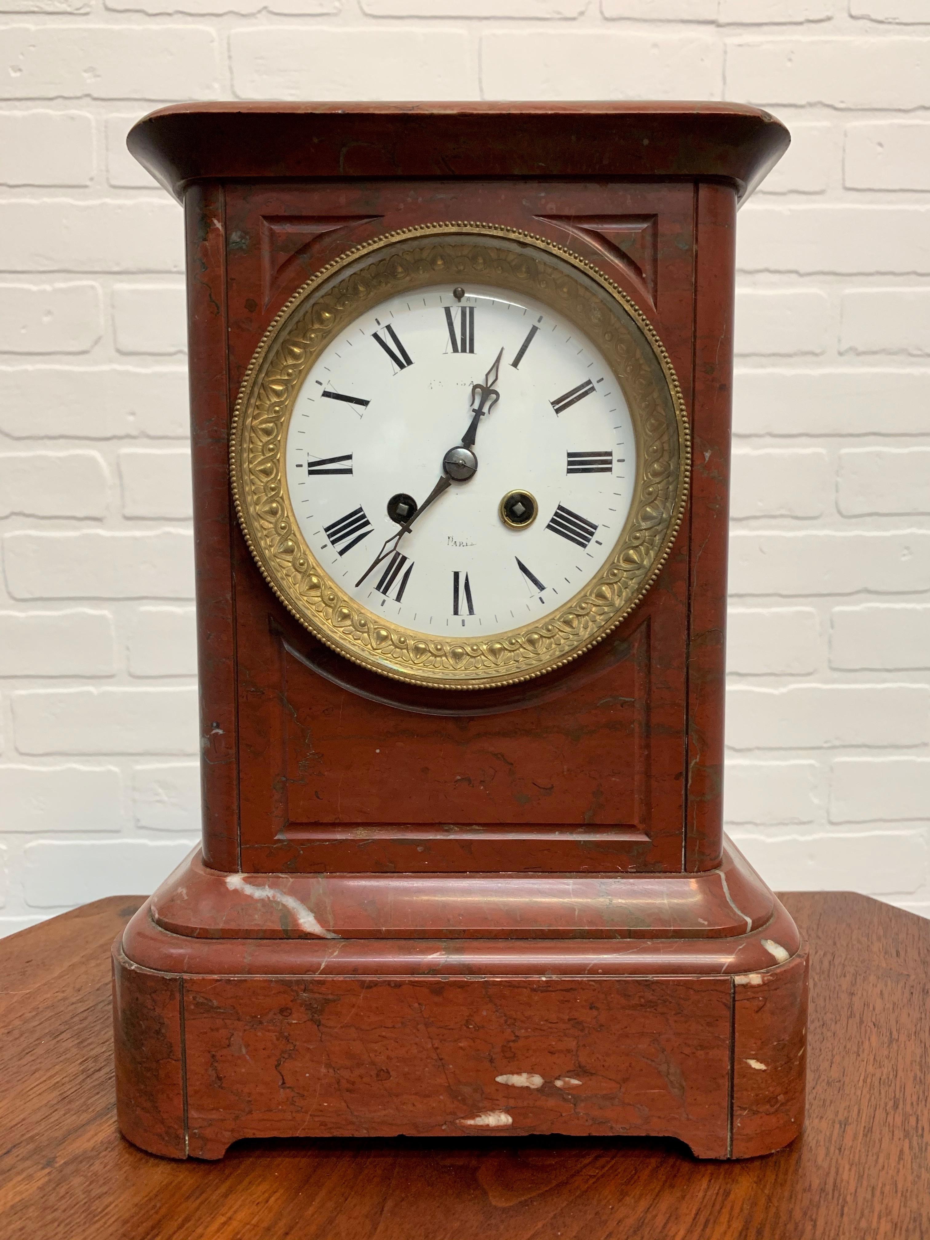 Brass 19th Century French Ox-Blood Marble Table Clock