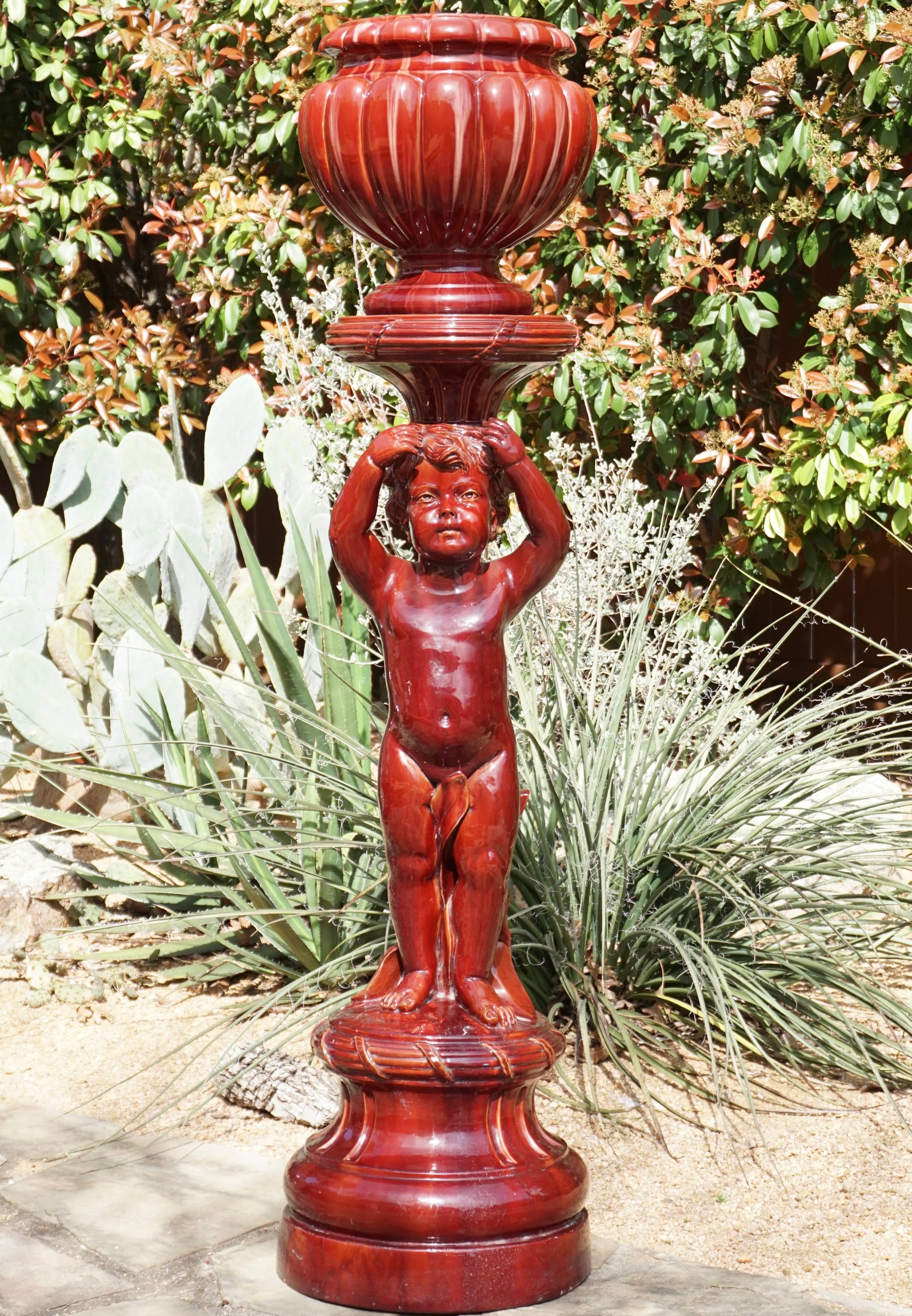 19th Century French Oxblood Massier Cherub Jardiniere Pedestal For Sale 3