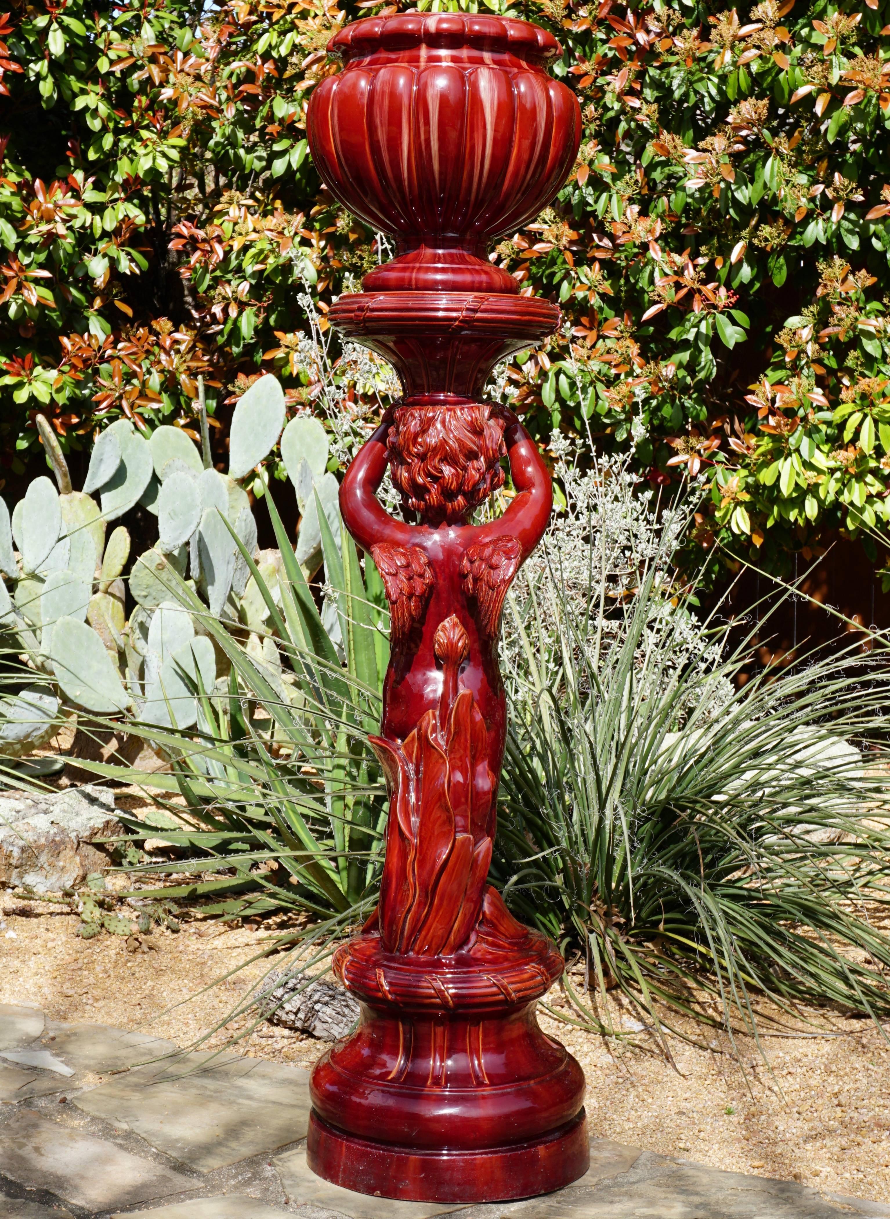 Art Nouveau 19th Century French Oxblood Massier Cherub Jardiniere Pedestal For Sale