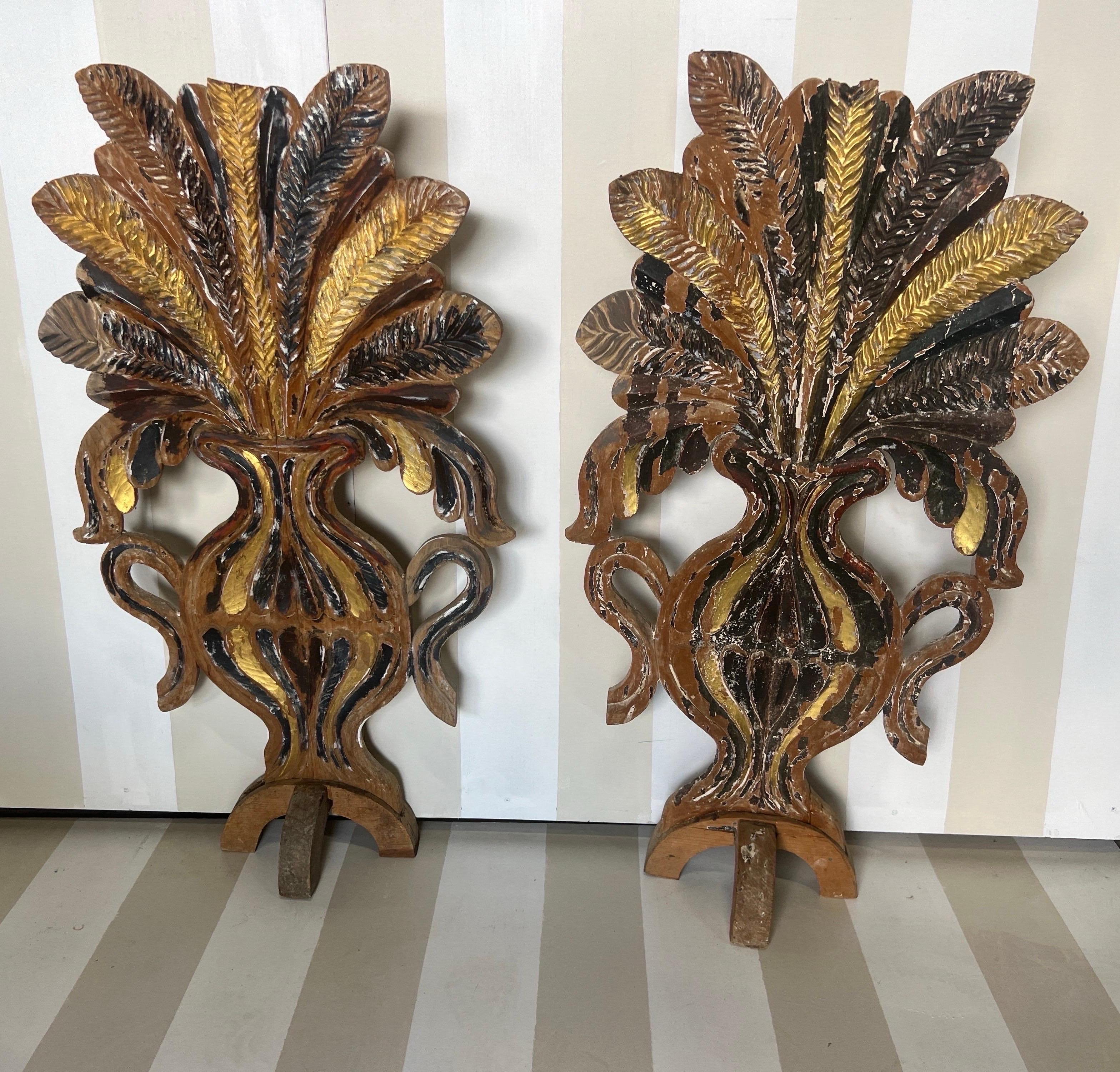 Hand-Painted 19th Century French Paint & Gilt Decorated Decorative Carved Urns with Ferns For Sale