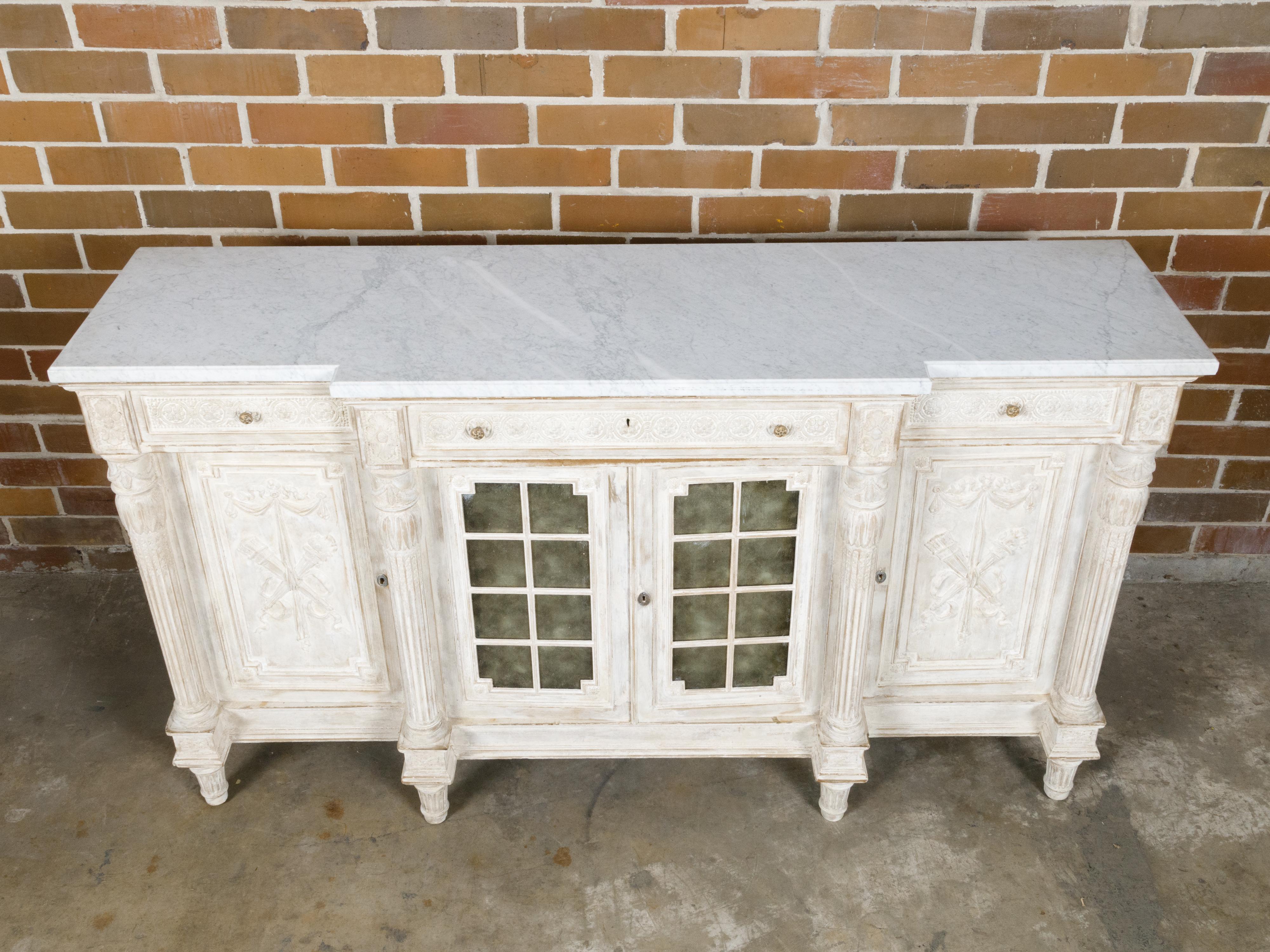 19th Century French Painted and Carved Wooden Buffet with White Marble Top For Sale 6