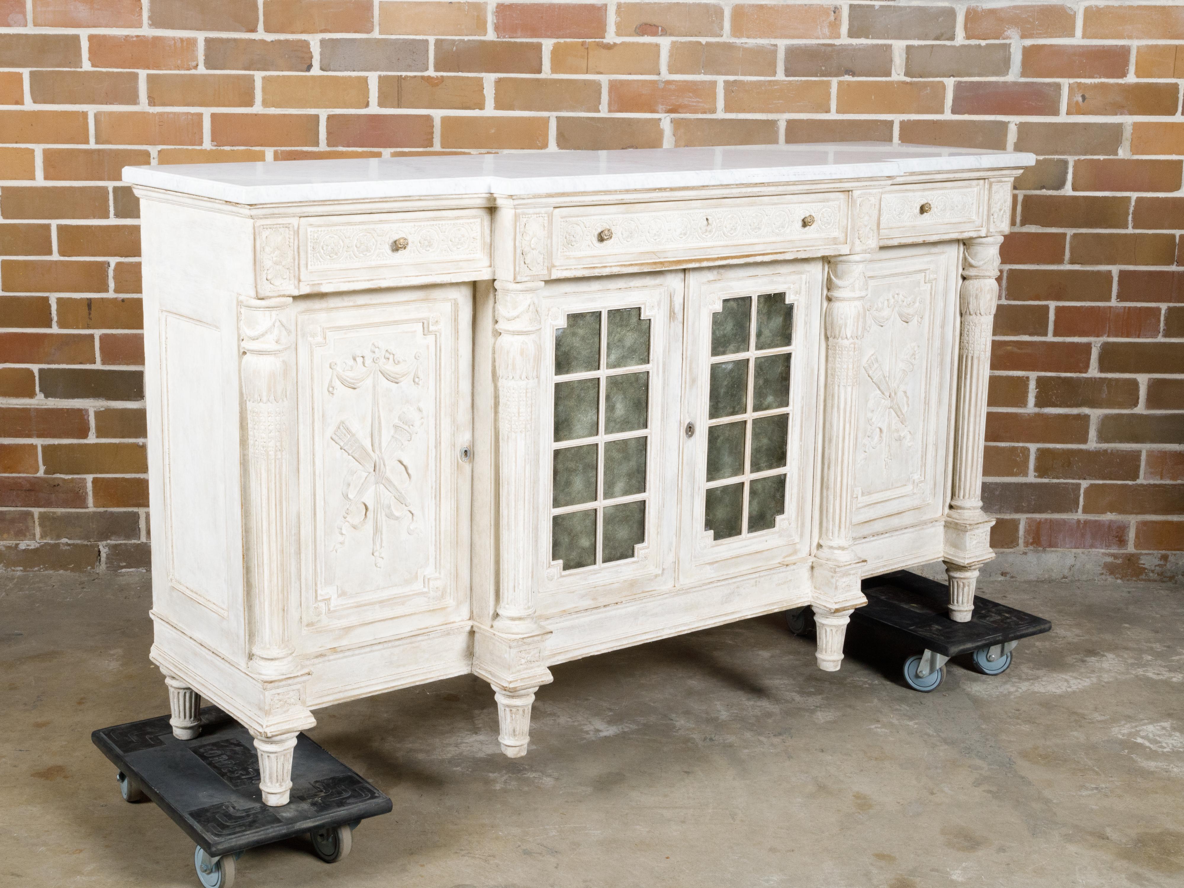 19th Century French Painted and Carved Wooden Buffet with White Marble Top For Sale 8