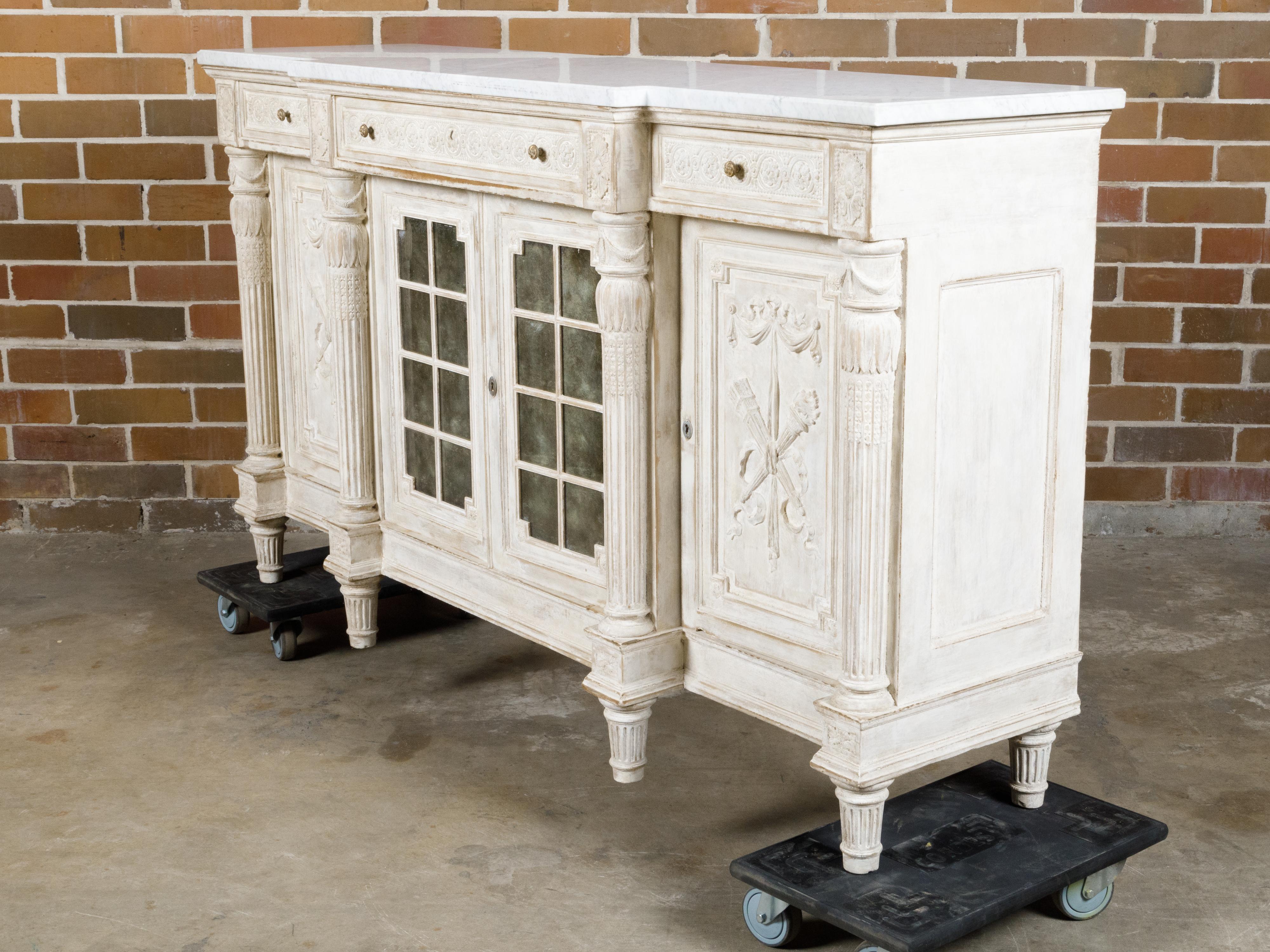 19th Century French Painted and Carved Wooden Buffet with White Marble Top For Sale 12