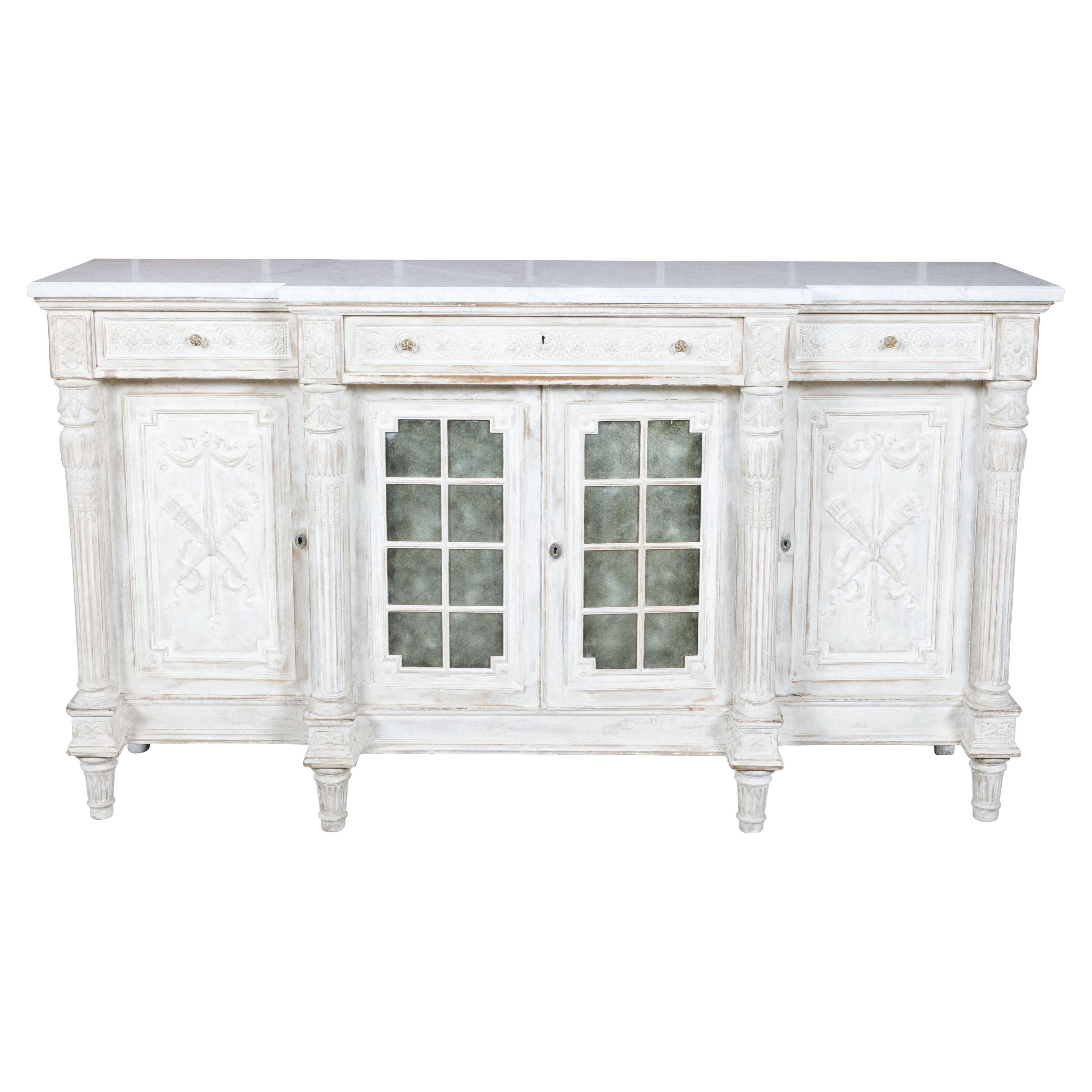 19th Century French Painted and Carved Wooden Buffet with White Marble Top For Sale