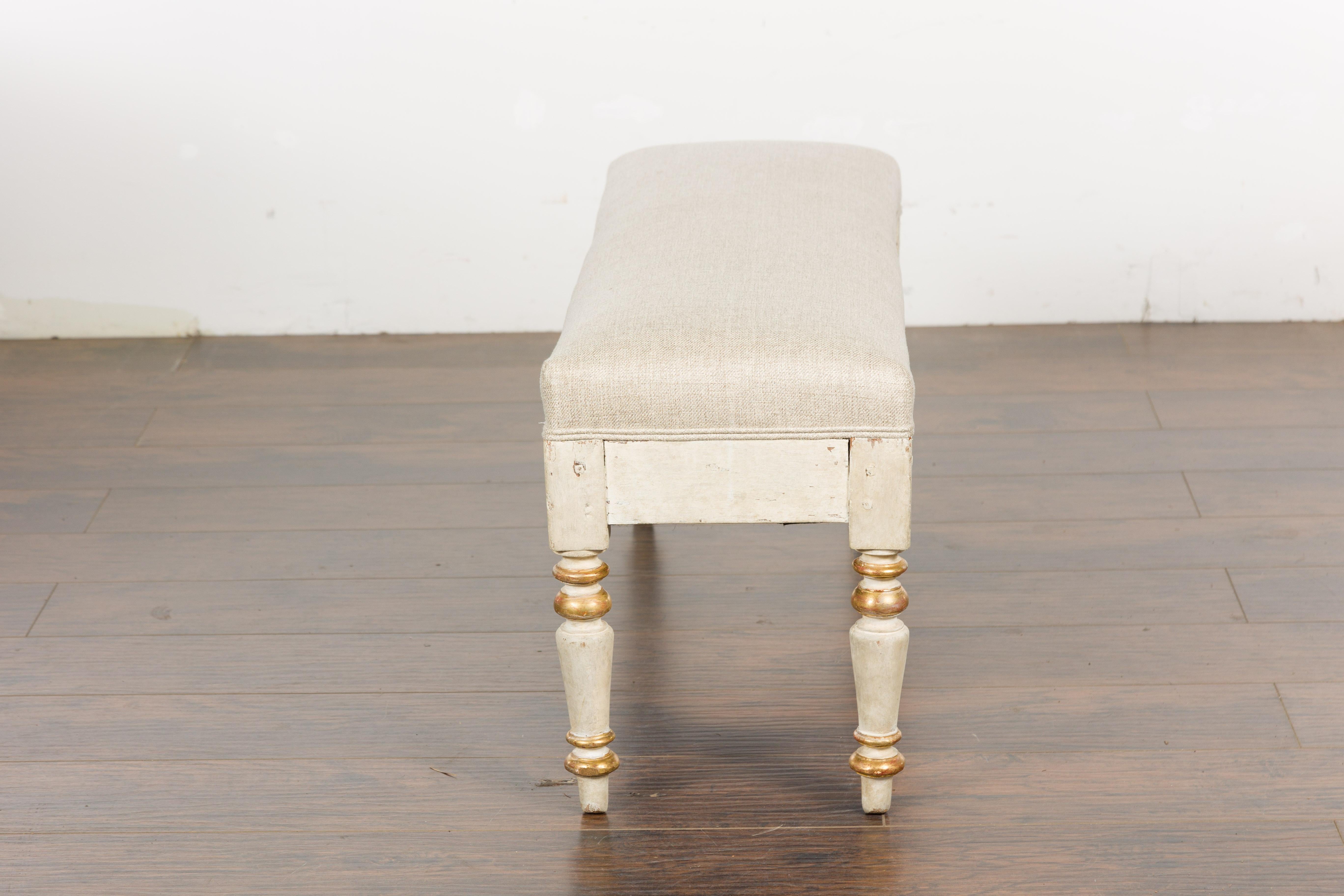 19th Century French Painted and Gilded Bench with Turned Legs and Upholstery For Sale 9