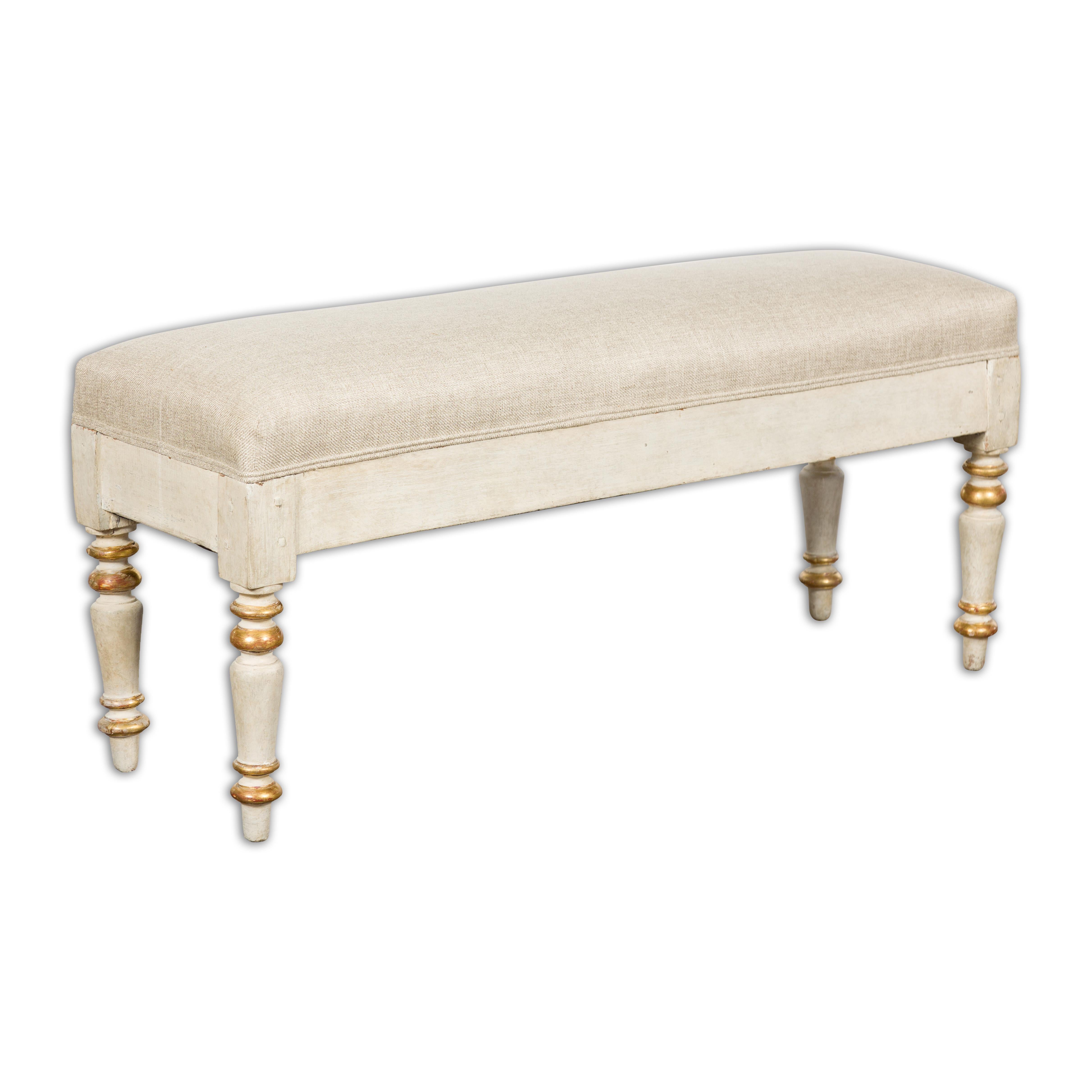 19th Century French Painted and Gilded Bench with Turned Legs and Upholstery For Sale 12