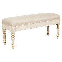 Antique 19th Century French Painted and Gilded Bench with Turned Legs and Upholstery